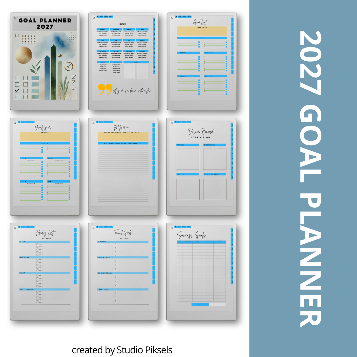 2026 and 2027 Goal Planner designed for reMarkable Paper Pro, featuring digital planning pages for setting goals, organizing priorities, tracking progress, and planning personal and professional objectives.
