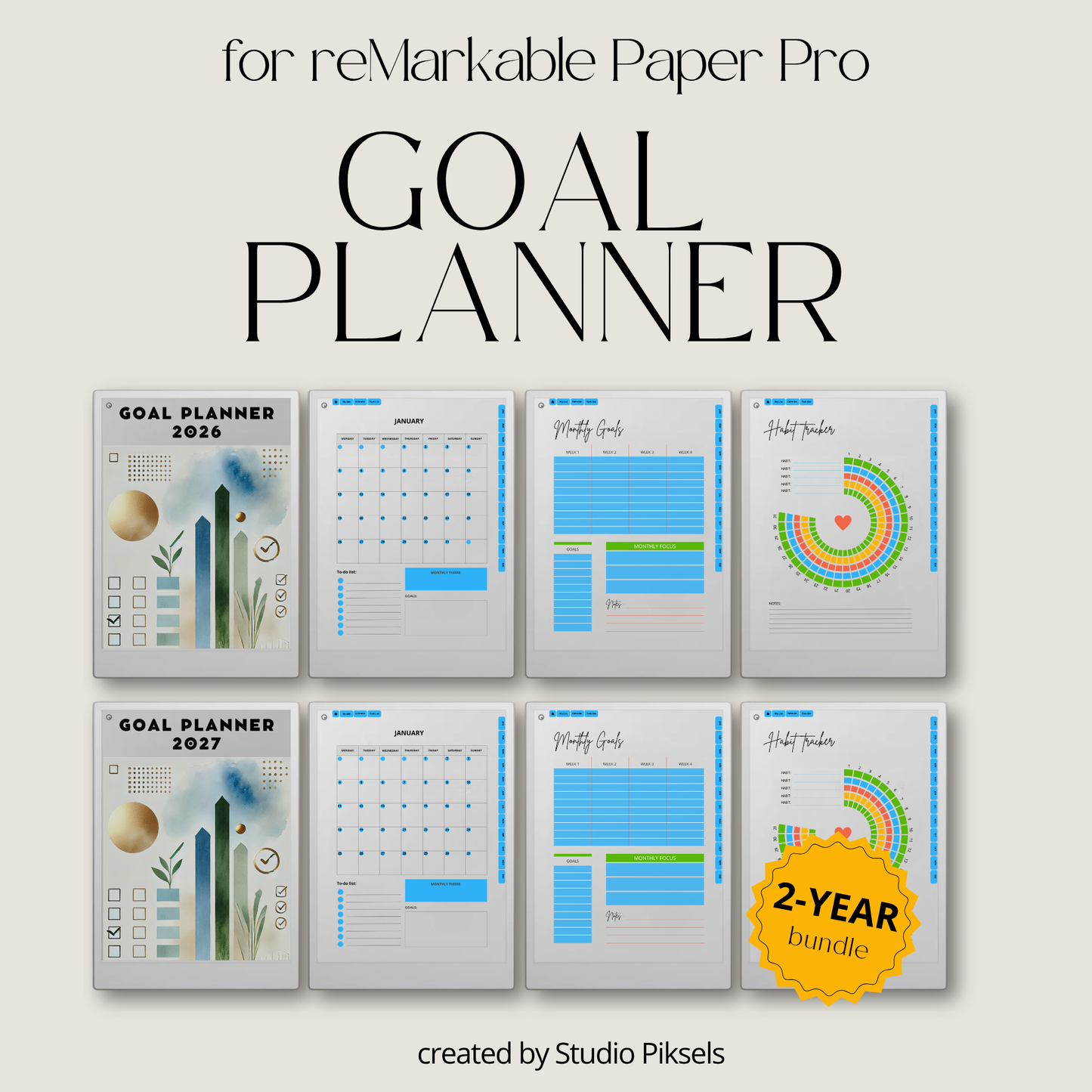 2026 and 2027 Goal Planner designed for reMarkable Paper Pro, featuring digital planning pages for setting goals, organizing priorities, tracking progress, and planning personal and professional objectives.