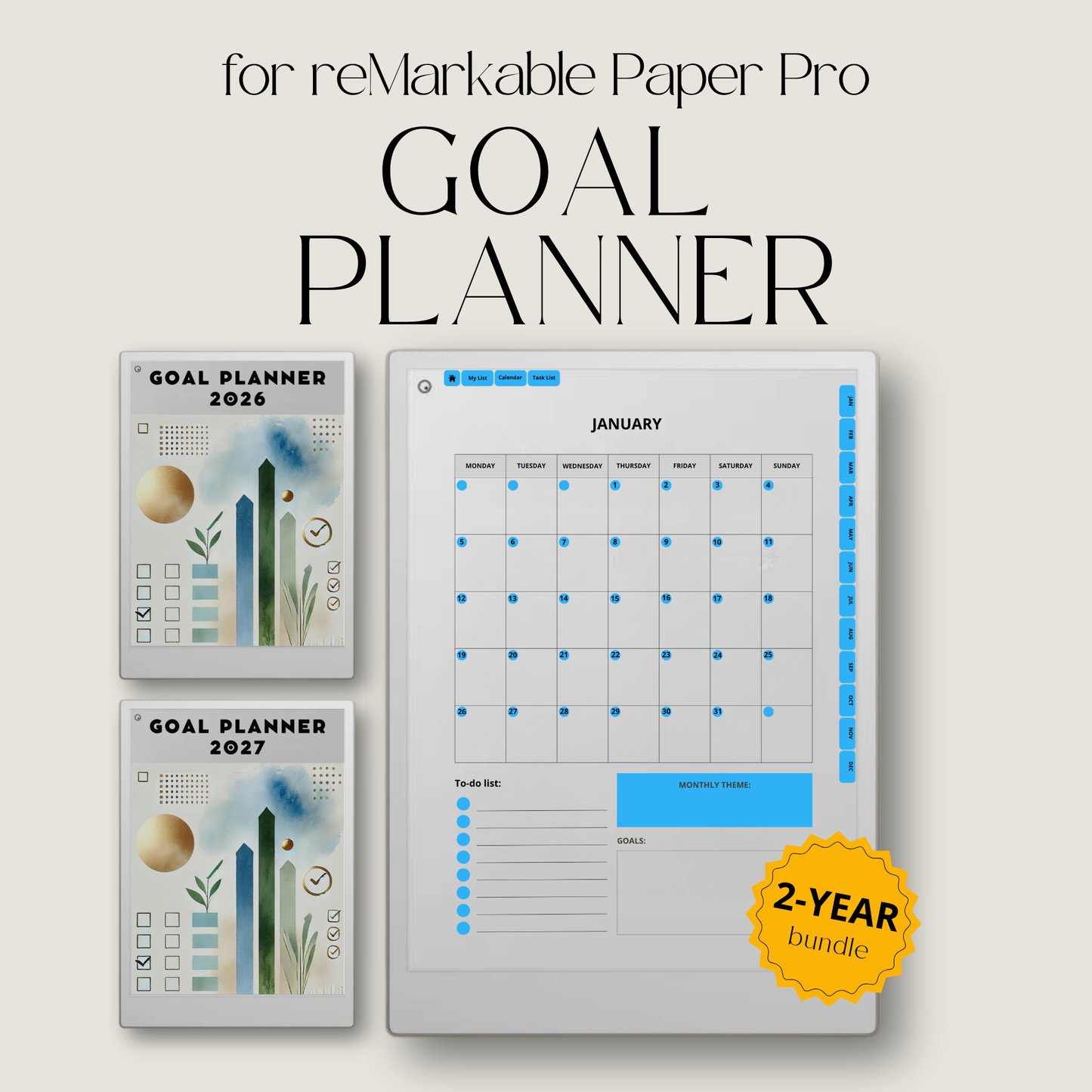 2026 and 2027 Goal Planner designed for reMarkable Paper Pro, featuring digital planning pages for setting goals, organizing priorities, tracking progress, and planning personal and professional objectives.