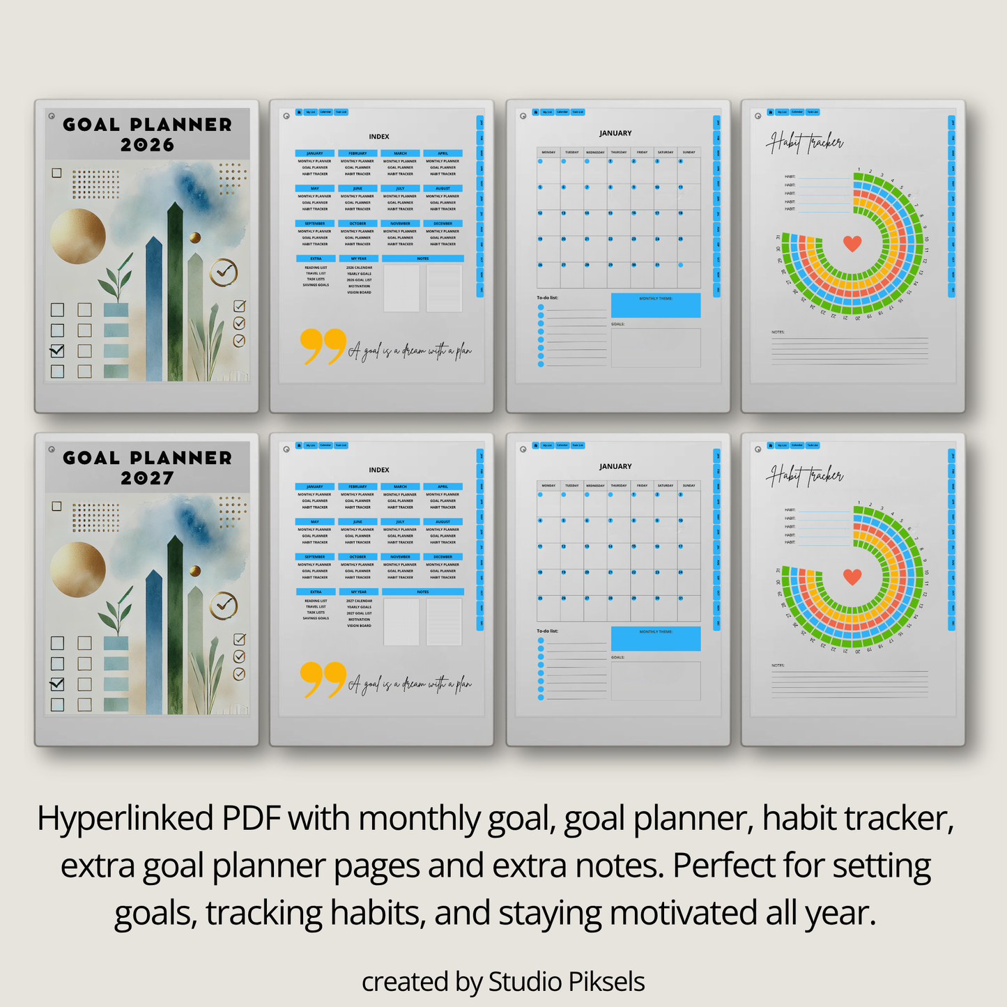 2026 and 2027 Goal Planner designed for reMarkable Paper Pro, featuring digital planning pages for setting goals, organizing priorities, tracking progress, and planning personal and professional objectives.