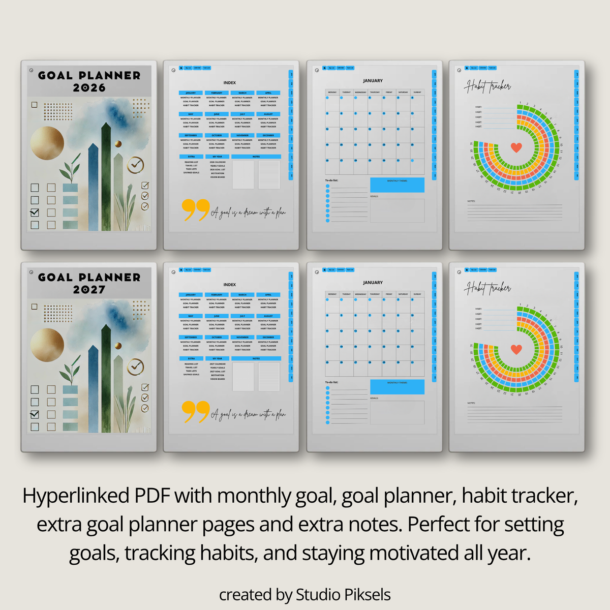 2026 and 2027 Goal Planner designed for reMarkable Paper Pro, featuring digital planning pages for setting goals, organizing priorities, tracking progress, and planning personal and professional objectives.