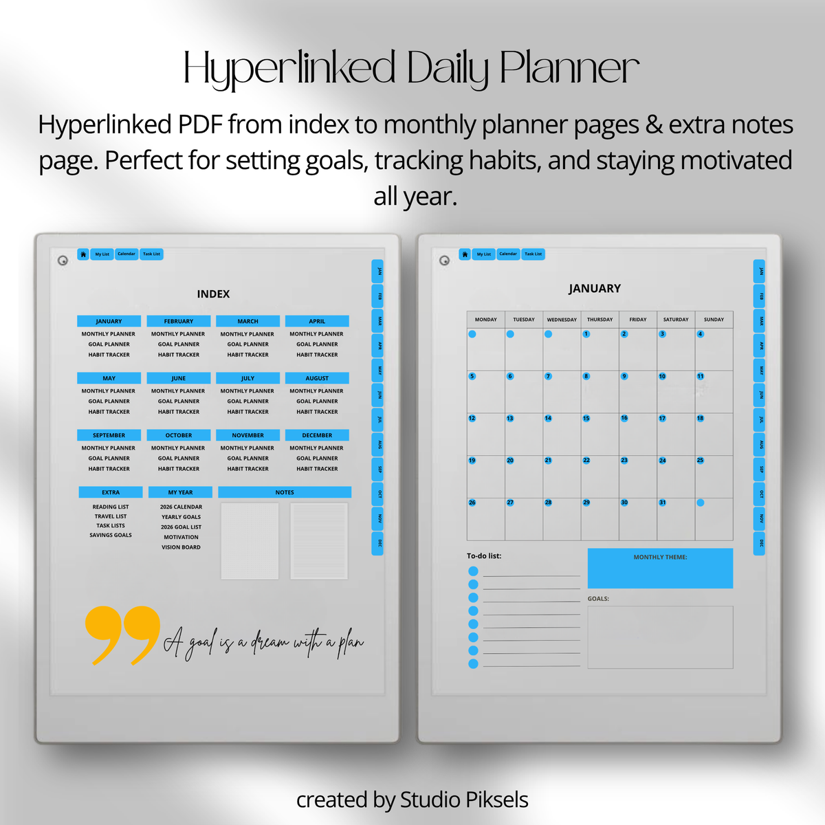 2026 and 2027 Goal Planner designed for reMarkable Paper Pro, featuring digital planning pages for setting goals, organizing priorities, tracking progress, and planning personal and professional objectives.