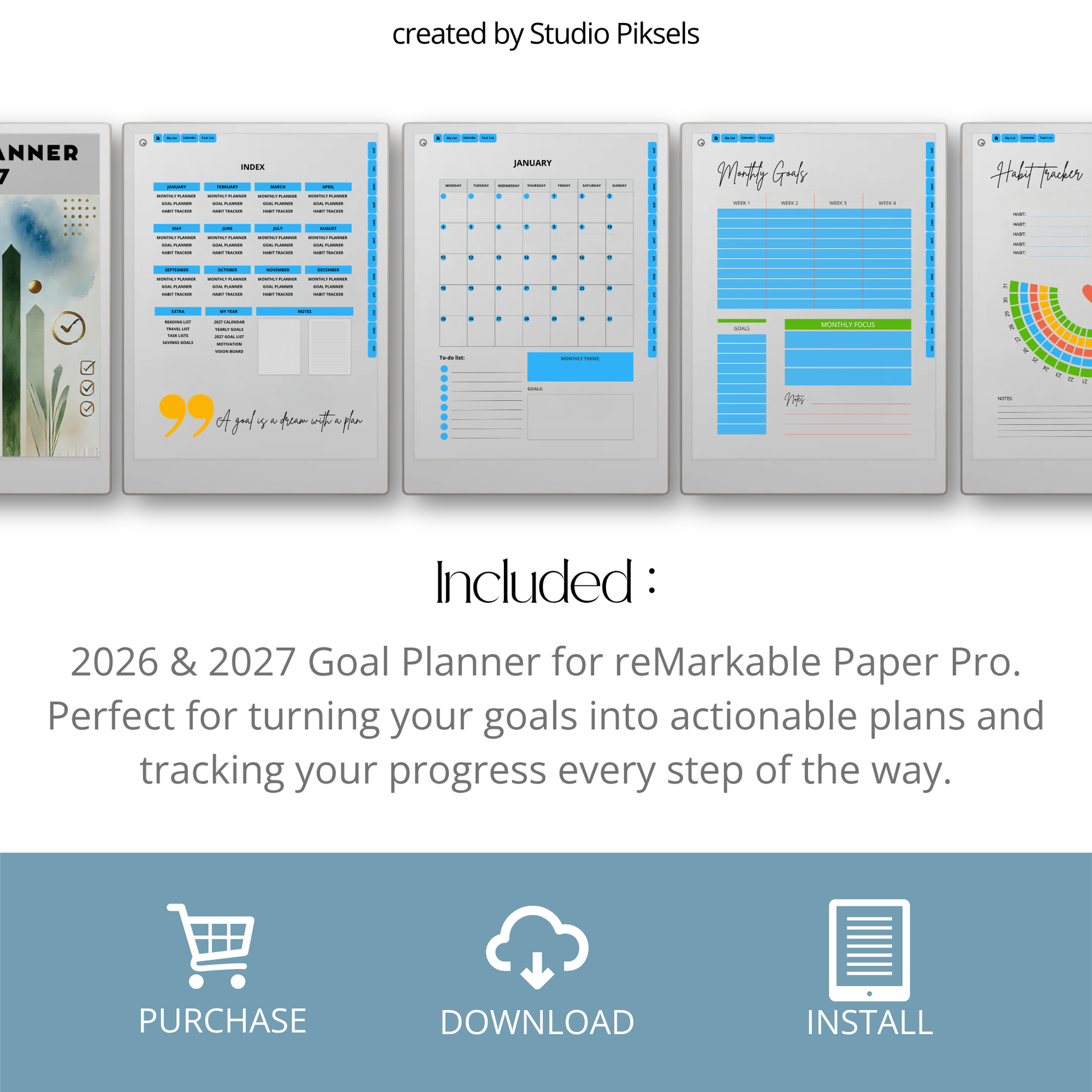 2026 and 2027 Goal Planner designed for reMarkable Paper Pro, featuring digital planning pages for setting goals, organizing priorities, tracking progress, and planning personal and professional objectives.