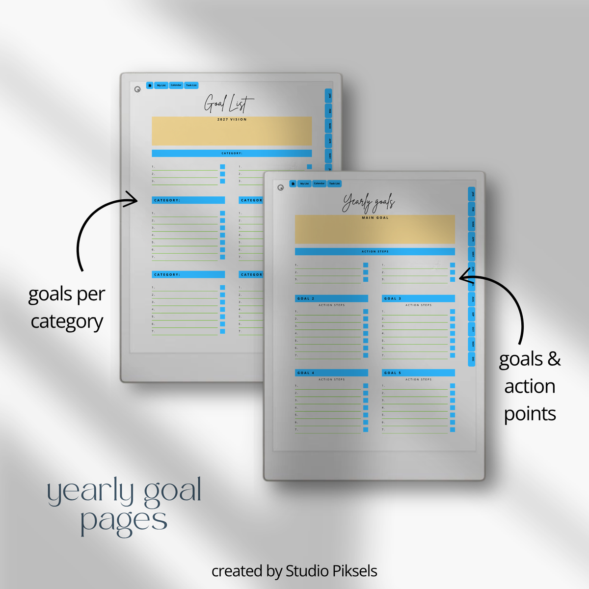 2026 and 2027 Goal Planner designed for reMarkable Paper Pro, featuring digital planning pages for setting goals, organizing priorities, tracking progress, and planning personal and professional objectives.
