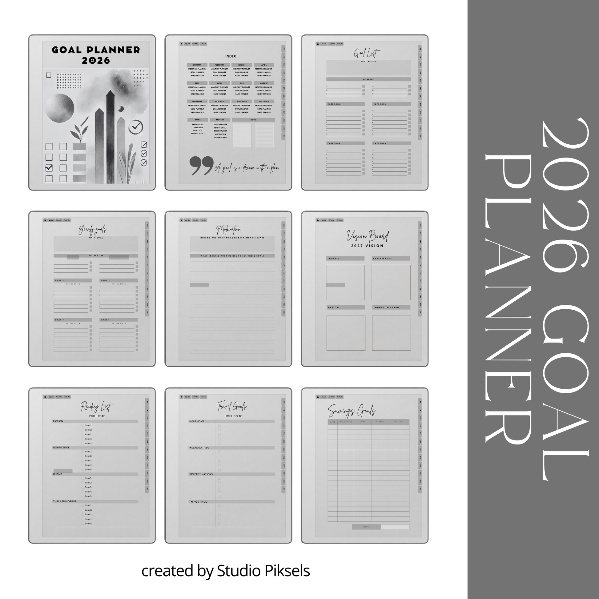 2026 + 2027 Goal Planner for reMarkable Paper Pure & reMarkable 2 featuring yearly goal planning, monthly calendars, habit trackers, and notes pages.
