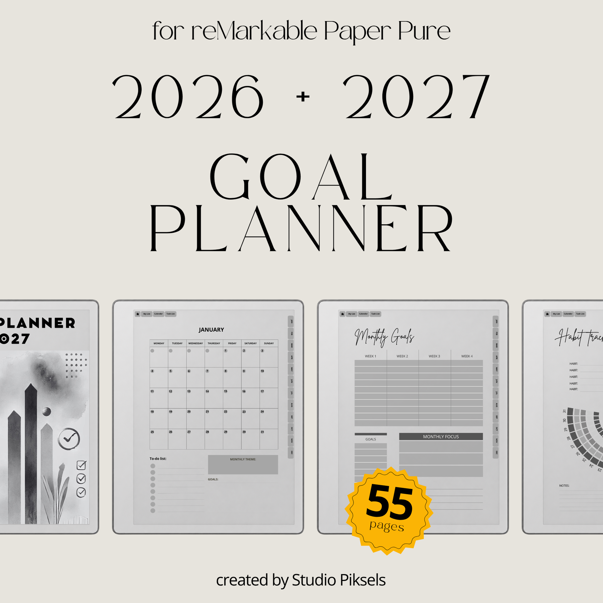 2026 + 2027 Goal Planner for reMarkable Paper Pure & reMarkable 2 featuring yearly goal planning, monthly calendars, habit trackers, and notes pages.