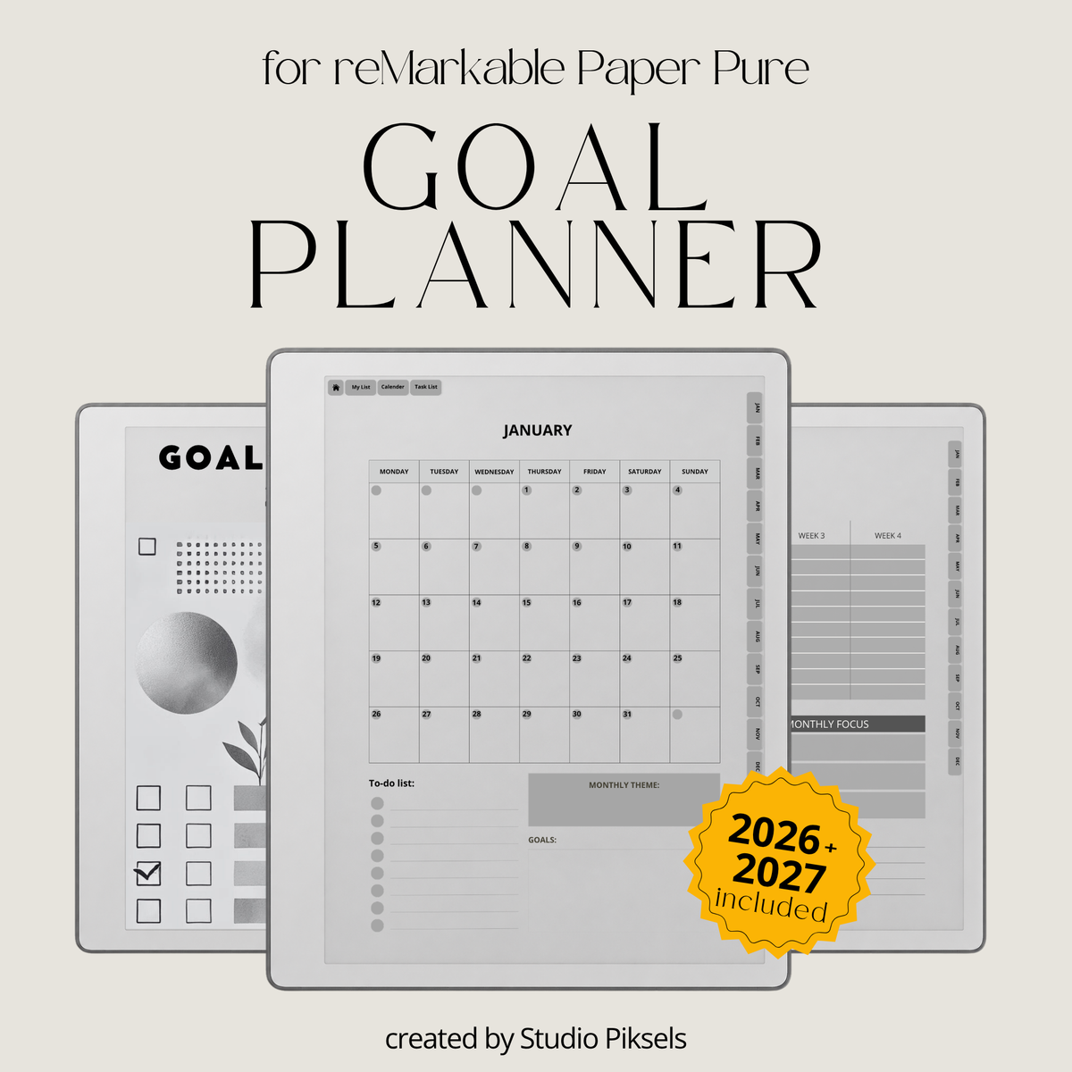 2026 + 2027 Goal Planner for reMarkable Paper Pure & reMarkable 2 featuring yearly goal planning, monthly calendars, habit trackers, and notes pages.
