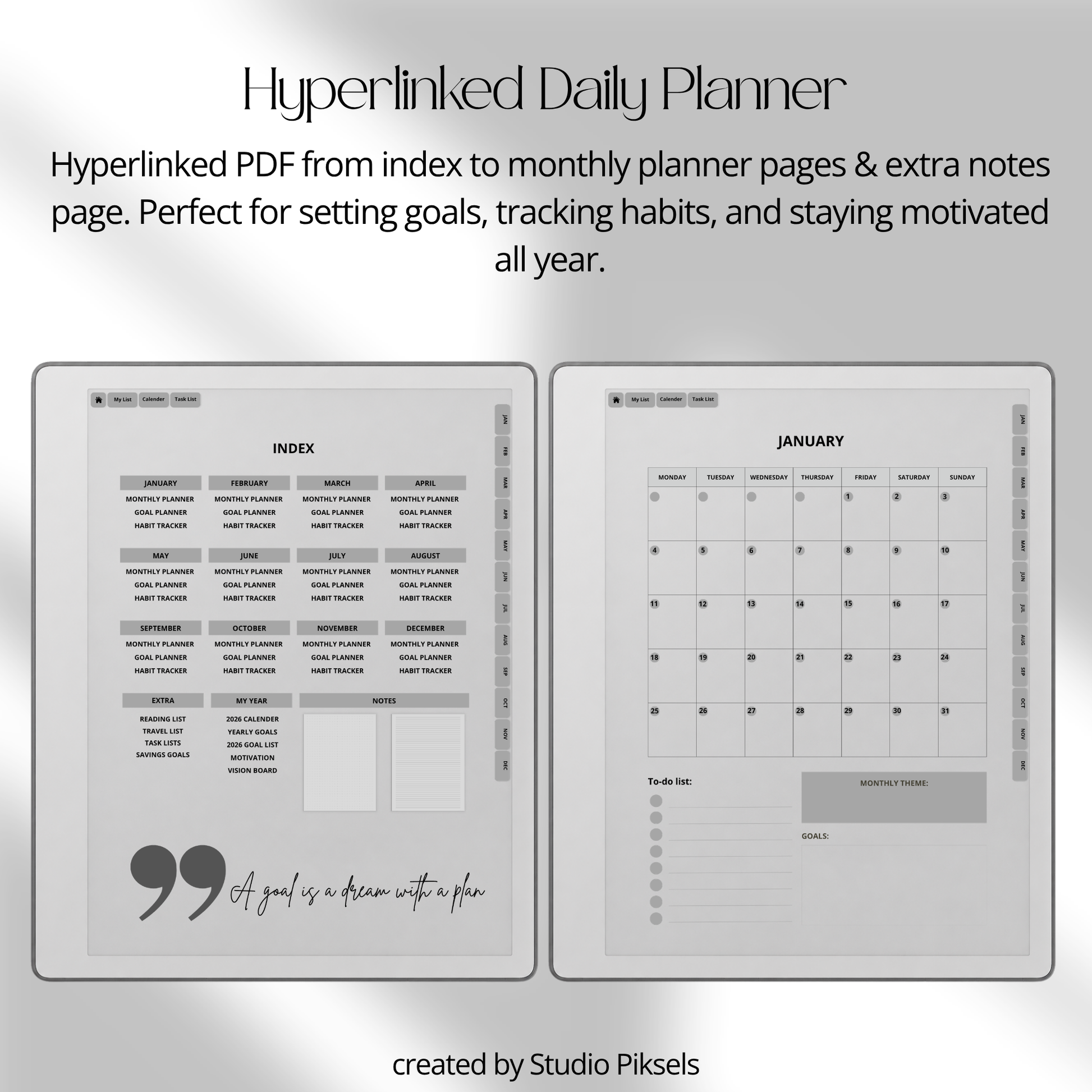 2026 + 2027 Goal Planner for reMarkable Paper Pure & reMarkable 2 featuring yearly goal planning, monthly calendars, habit trackers, and notes pages.