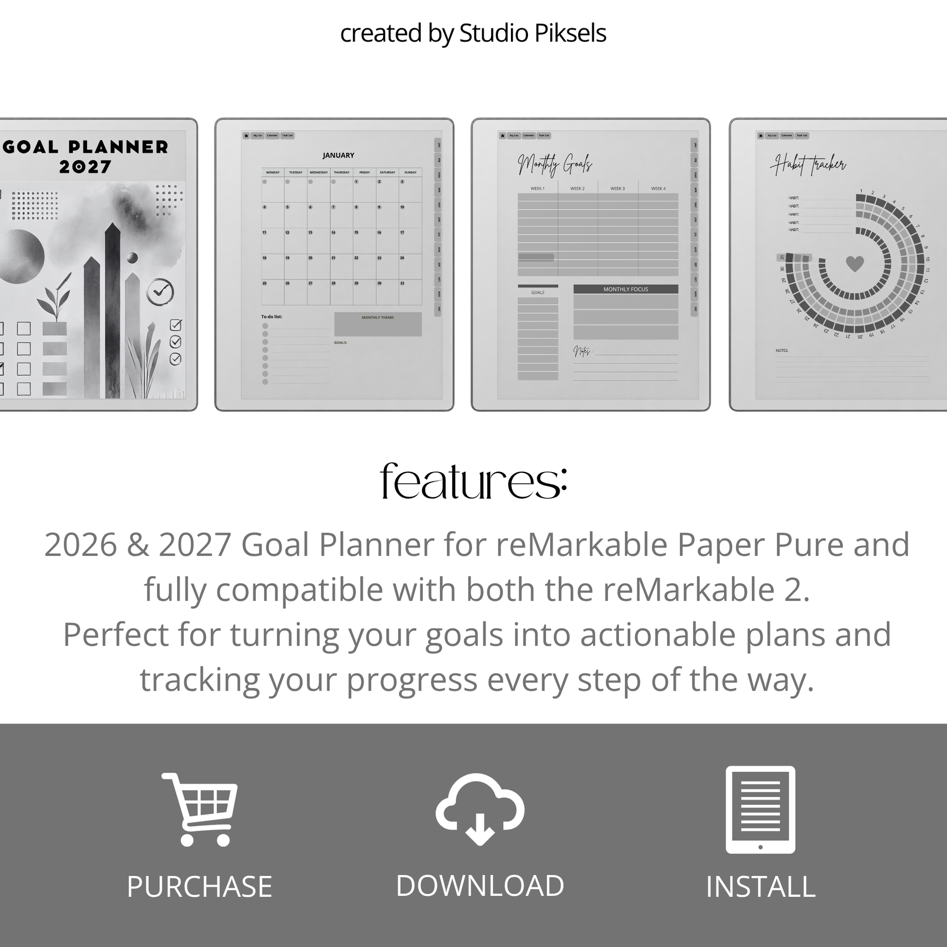 2026 + 2027 Goal Planner for reMarkable Paper Pure & reMarkable 2 featuring yearly goal planning, monthly calendars, habit trackers, and notes pages.