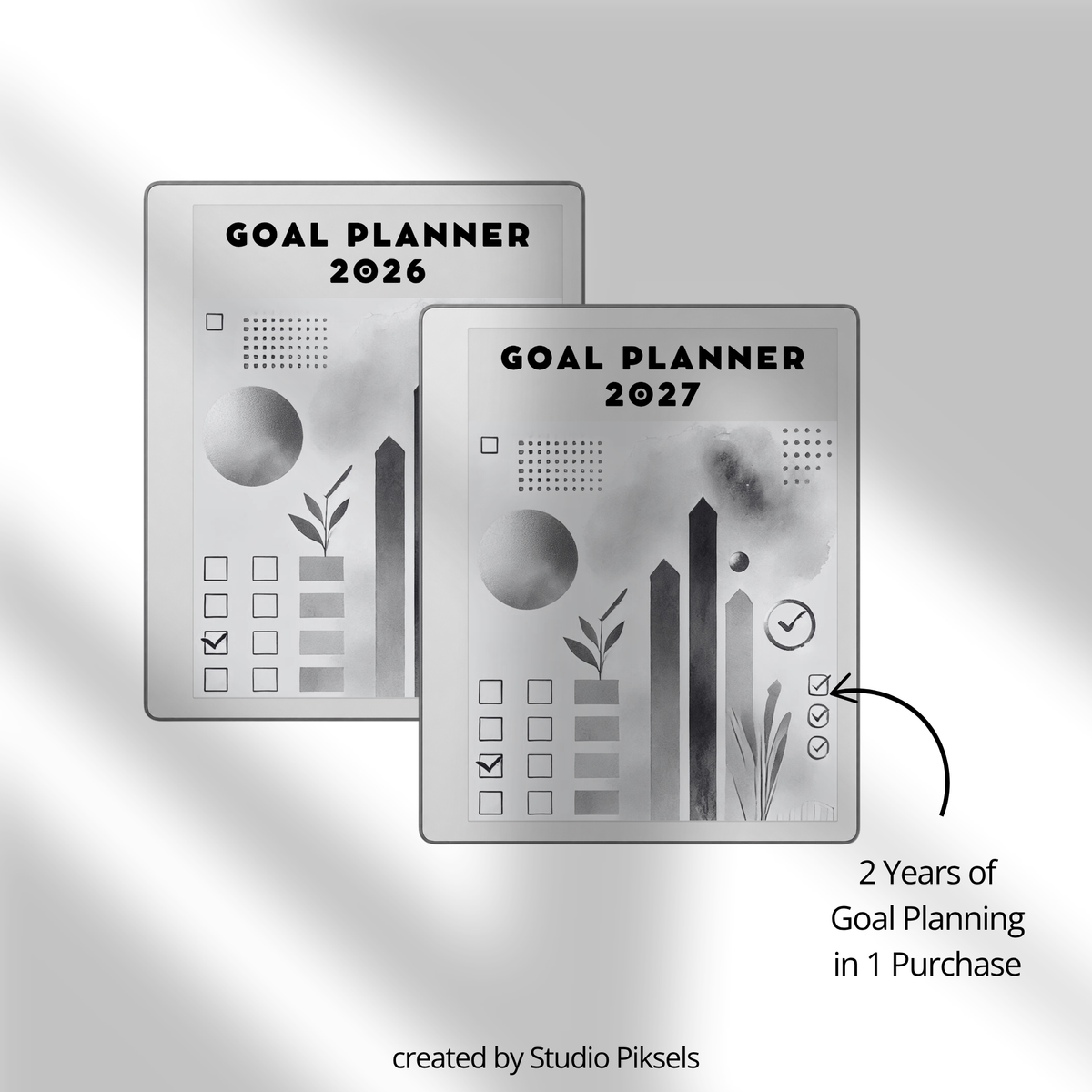 2026 + 2027 Goal Planner for reMarkable Paper Pure & reMarkable 2 featuring yearly goal planning, monthly calendars, habit trackers, and notes pages.