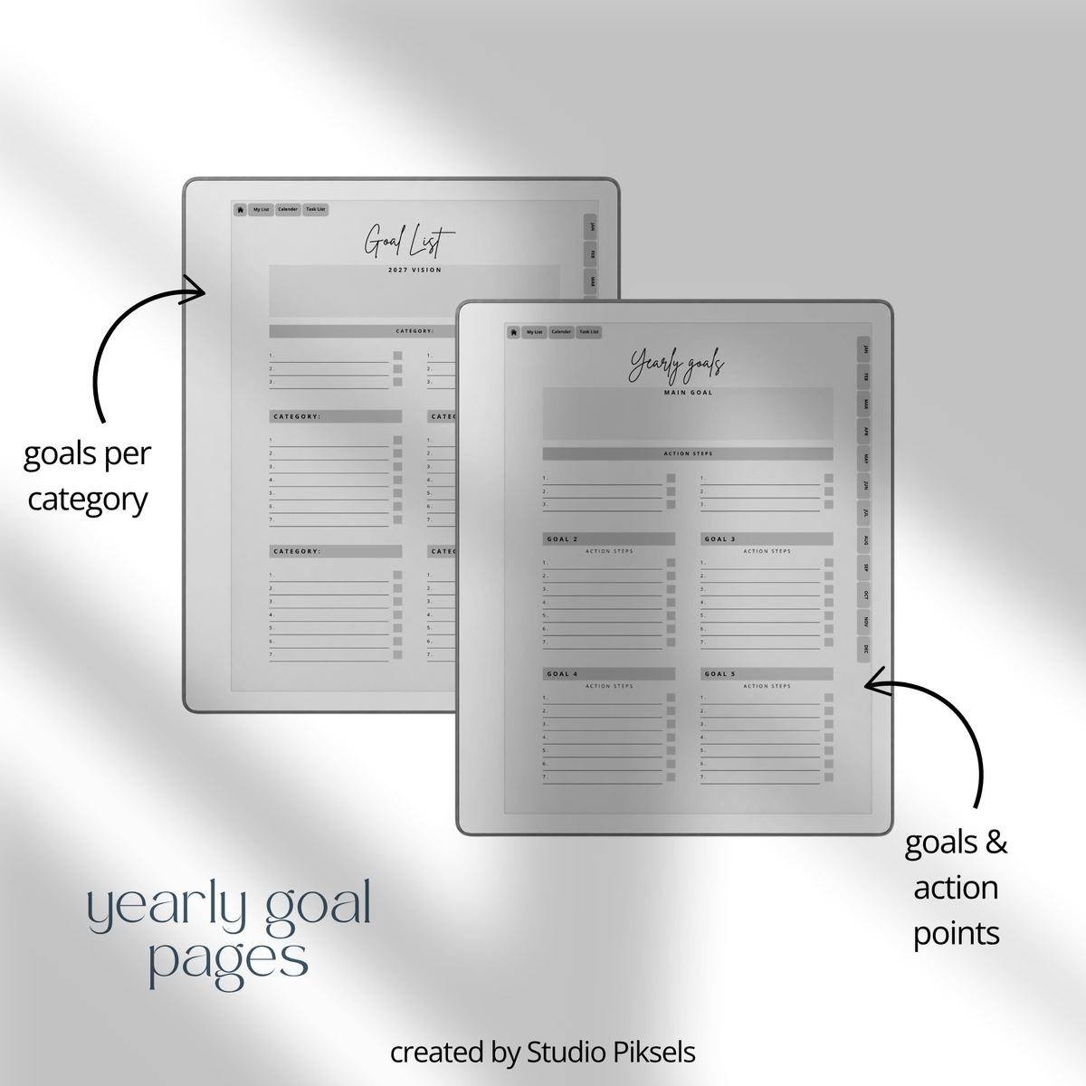 2026 + 2027 Goal Planner for reMarkable Paper Pure & reMarkable 2 featuring yearly goal planning, monthly calendars, habit trackers, and notes pages.
