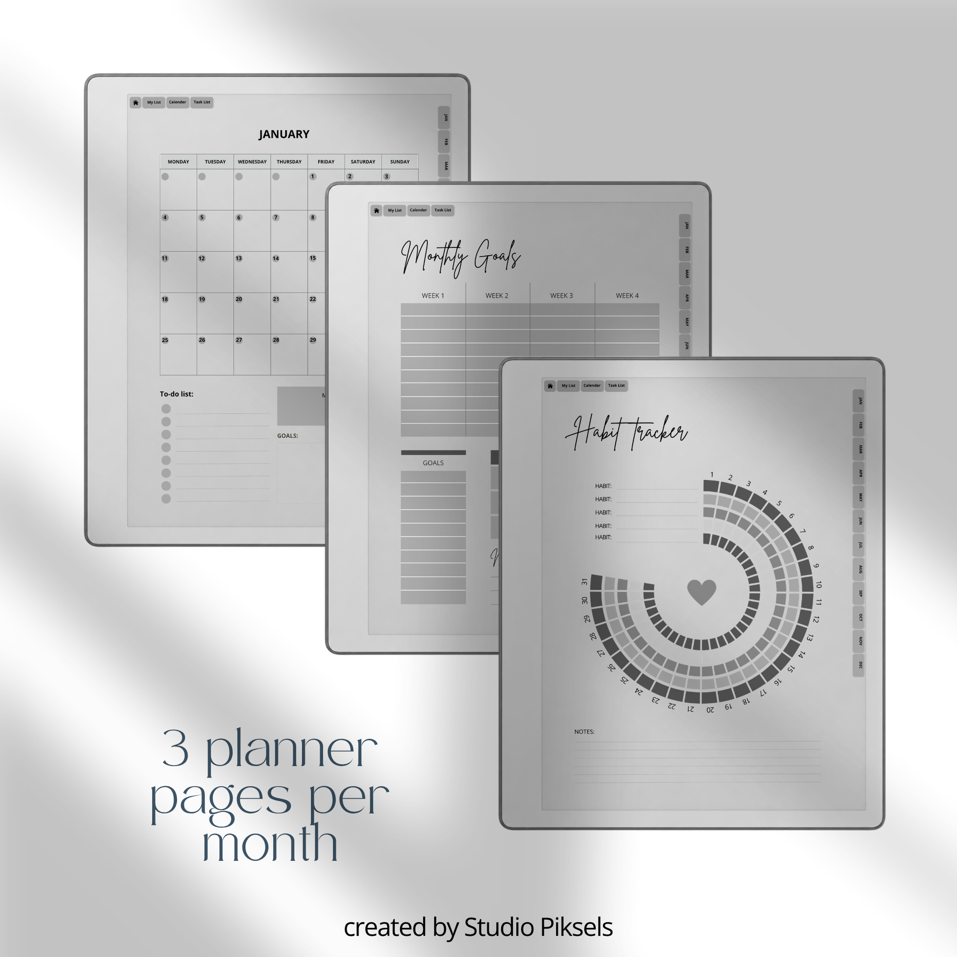 2026 + 2027 Goal Planner for reMarkable Paper Pure & reMarkable 2 featuring yearly goal planning, monthly calendars, habit trackers, and notes pages.