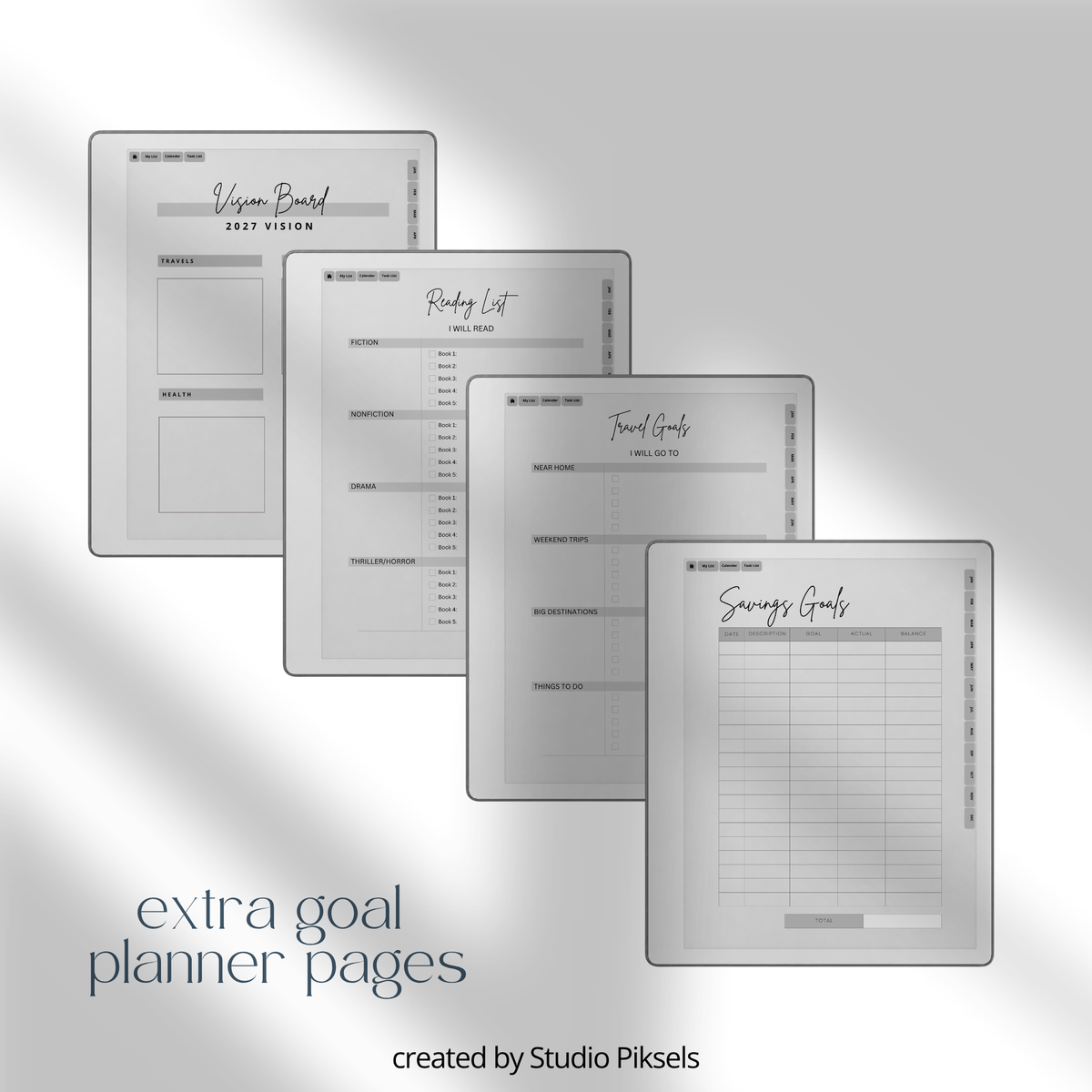 2026 + 2027 Goal Planner for reMarkable Paper Pure & reMarkable 2 featuring yearly goal planning, monthly calendars, habit trackers, and notes pages.