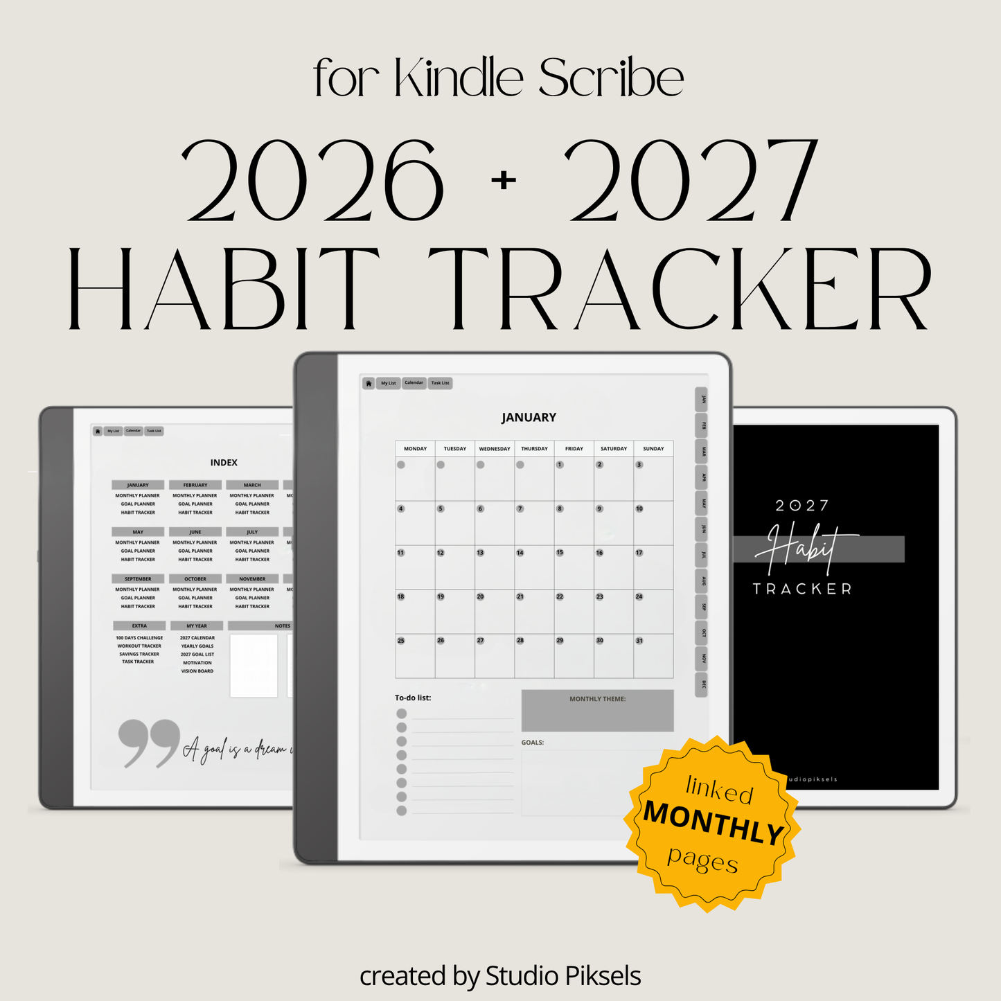 2026 + 2027 Habit Tracker for Kindle Scribe featuring hyperlinked habit tracking, goal planning, routines, tasks, and progress tracking pages.