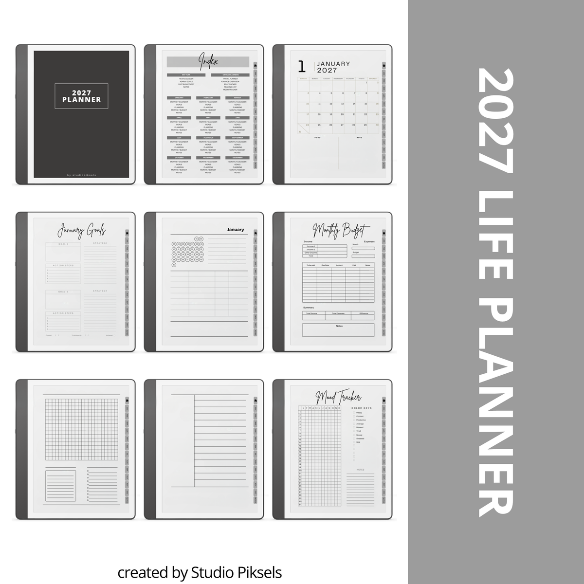 2026 + 2027 Habit Tracker for Kindle Scribe featuring hyperlinked habit tracking, goal planning, routines, tasks, and progress tracking pages.