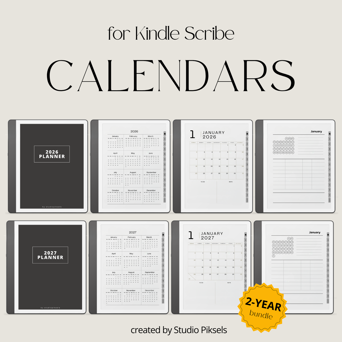 2026 + 2027 Habit Tracker for Kindle Scribe featuring hyperlinked habit tracking, goal planning, routines, tasks, and progress tracking pages.