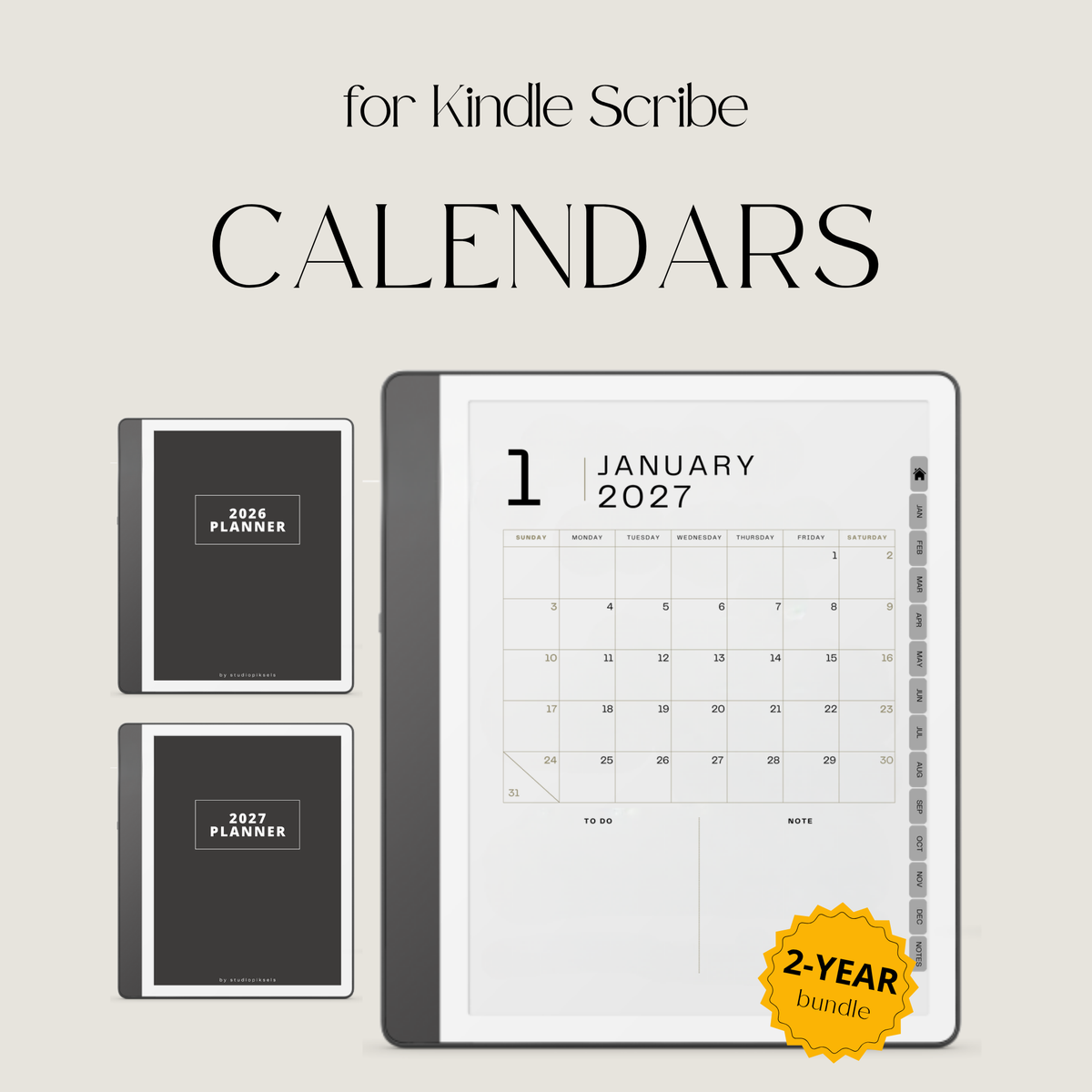 2026 + 2027 Habit Tracker for Kindle Scribe featuring hyperlinked habit tracking, goal planning, routines, tasks, and progress tracking pages.