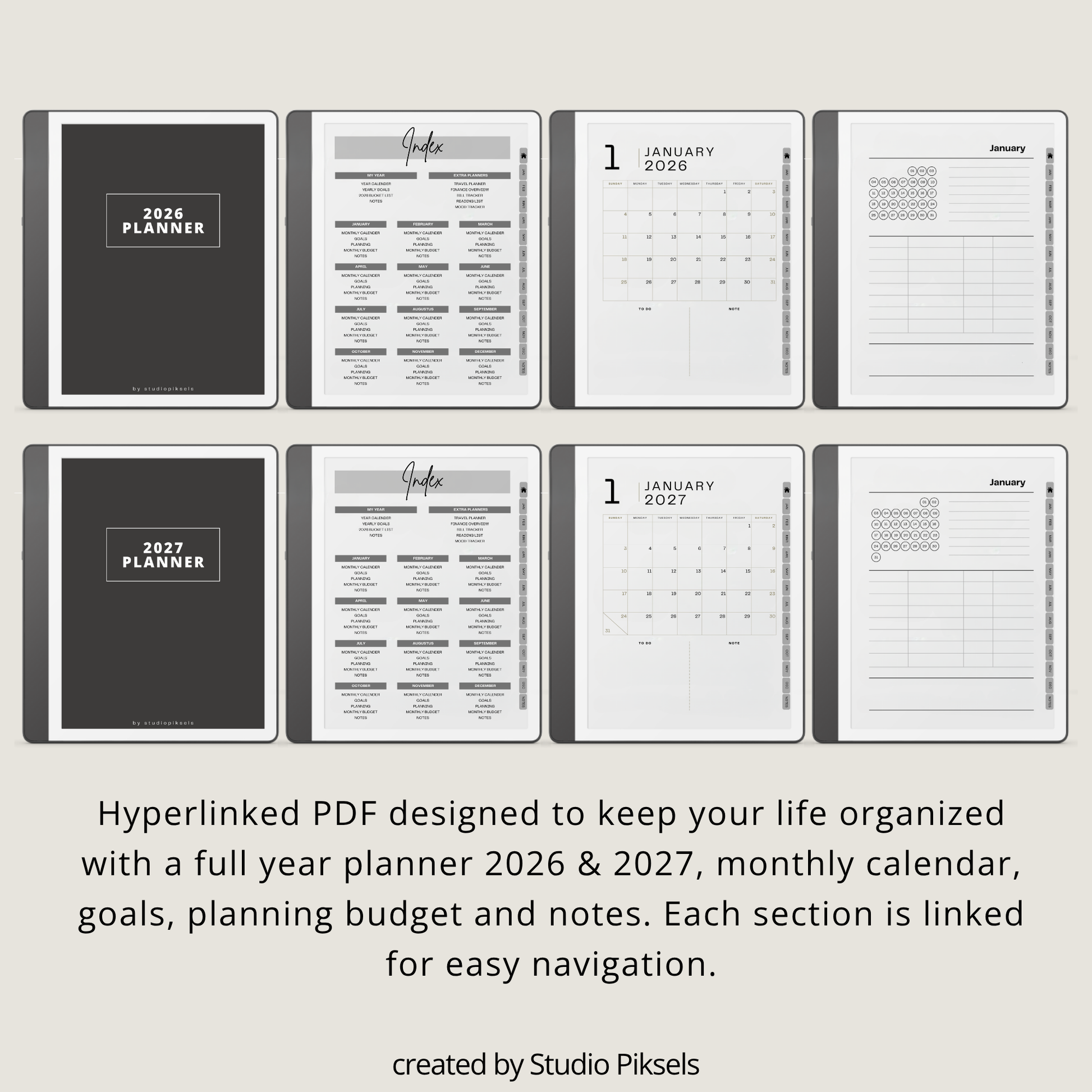2026 + 2027 Habit Tracker for Kindle Scribe featuring hyperlinked habit tracking, goal planning, routines, tasks, and progress tracking pages.