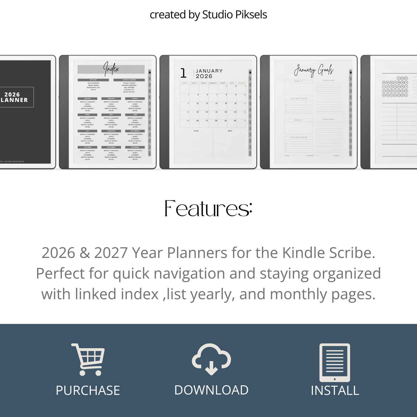 2026 + 2027 Habit Tracker for Kindle Scribe featuring hyperlinked habit tracking, goal planning, routines, tasks, and progress tracking pages.