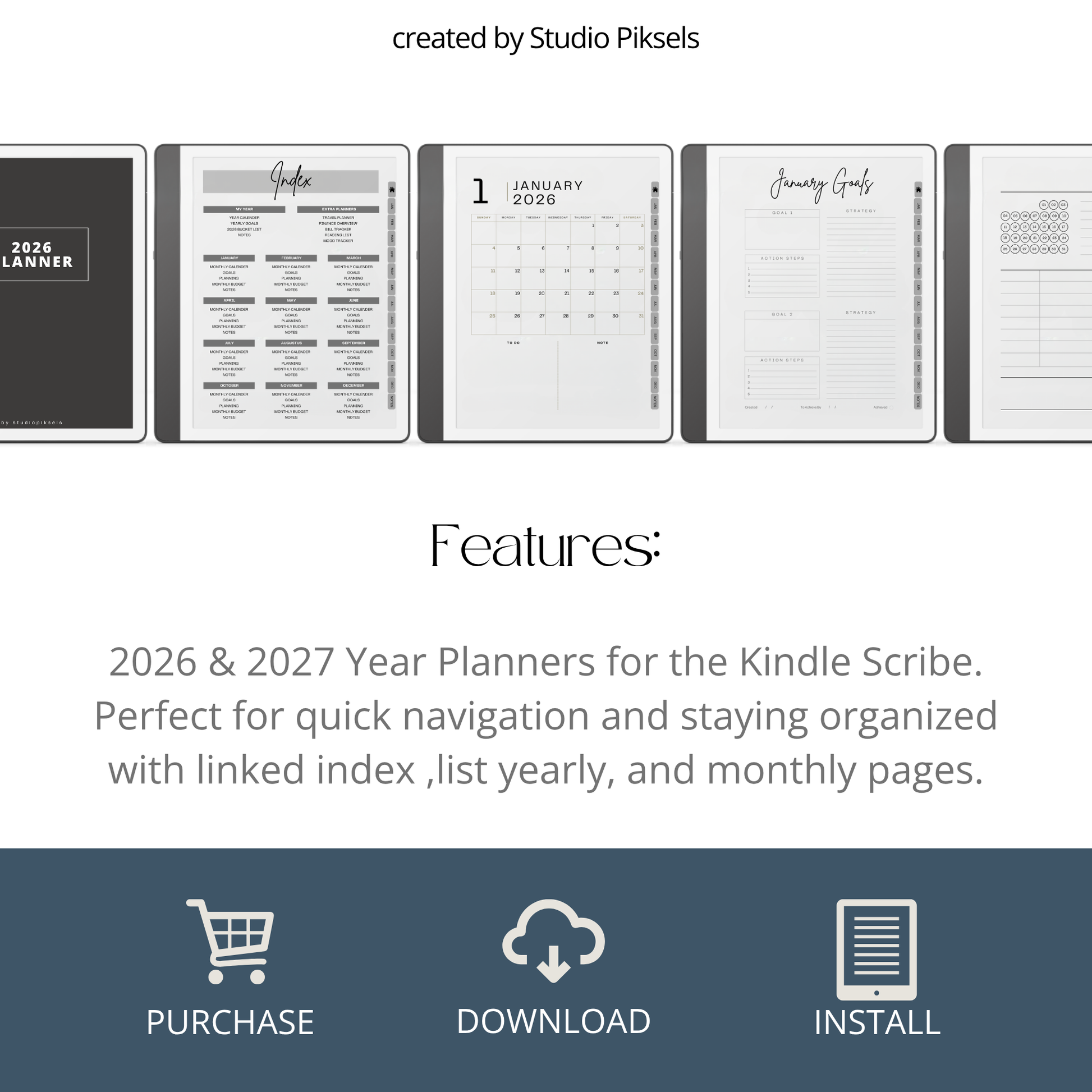 2026 + 2027 Habit Tracker for Kindle Scribe featuring hyperlinked habit tracking, goal planning, routines, tasks, and progress tracking pages.