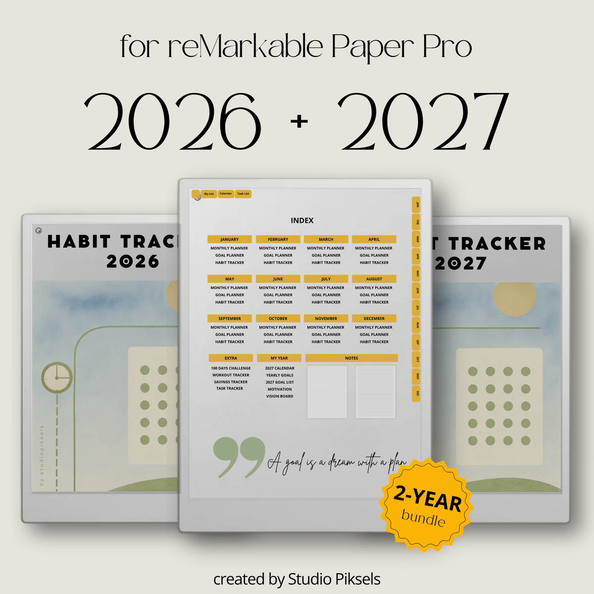 2026 + 2027 Habit Tracker for reMarkable Paper Pro with 56 hyperlinked pages for habits, goals, routines, tasks, and progress tracking.