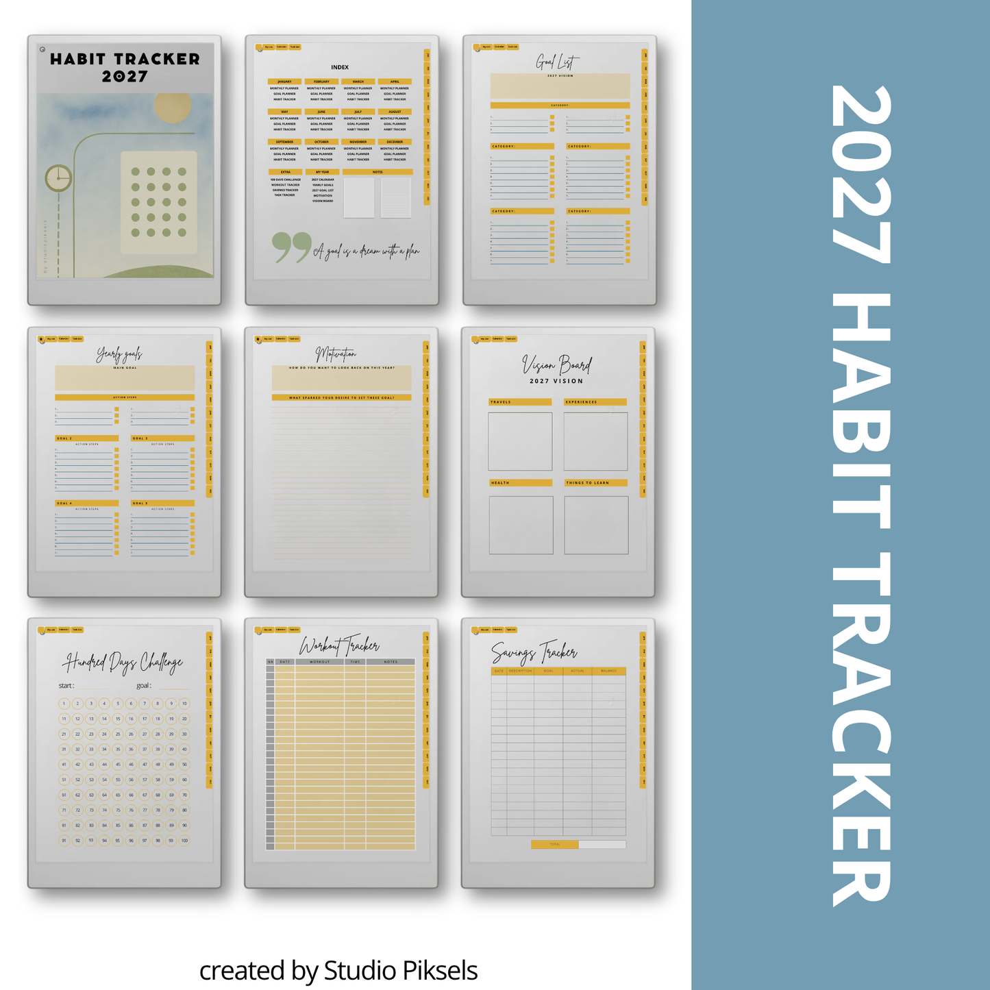 2026 + 2027 Habit Tracker for reMarkable Paper Pro with 56 hyperlinked pages for habits, goals, routines, tasks, and progress tracking.