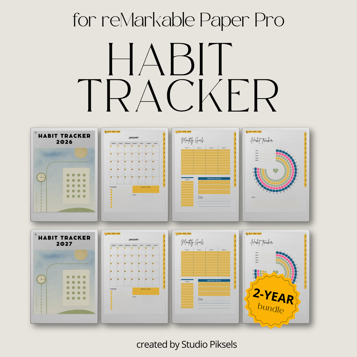 2026 + 2027 Habit Tracker for reMarkable Paper Pro with 56 hyperlinked pages for habits, goals, routines, tasks, and progress tracking.