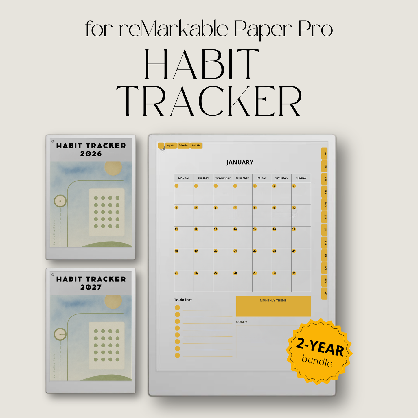 2026 + 2027 Habit Tracker for reMarkable Paper Pro with 56 hyperlinked pages for habits, goals, routines, tasks, and progress tracking.