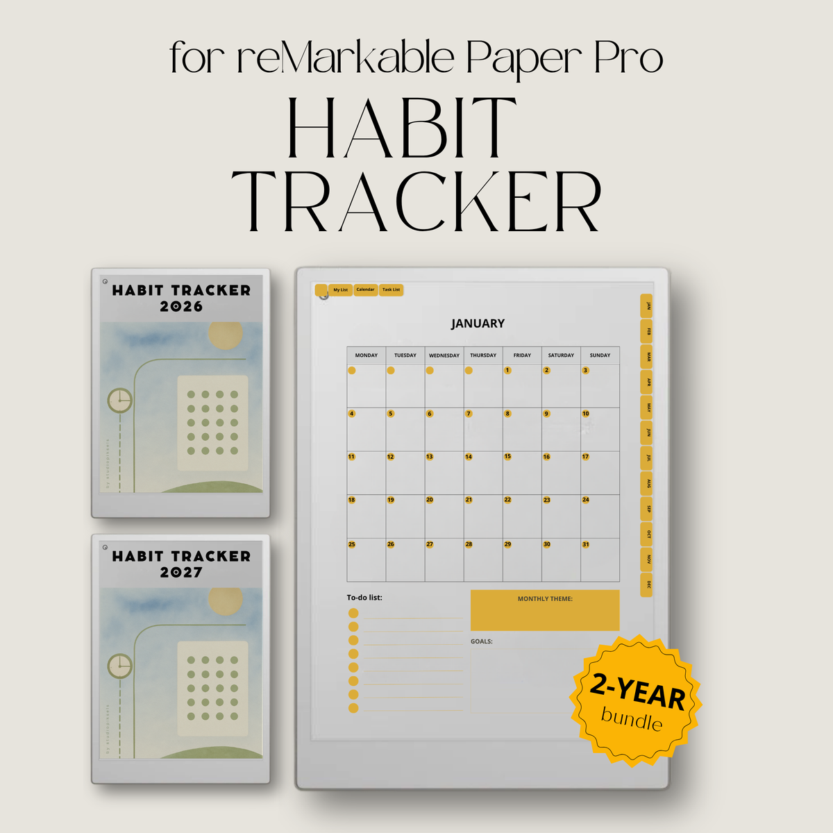 2026 + 2027 Habit Tracker for reMarkable Paper Pro with 56 hyperlinked pages for habits, goals, routines, tasks, and progress tracking.