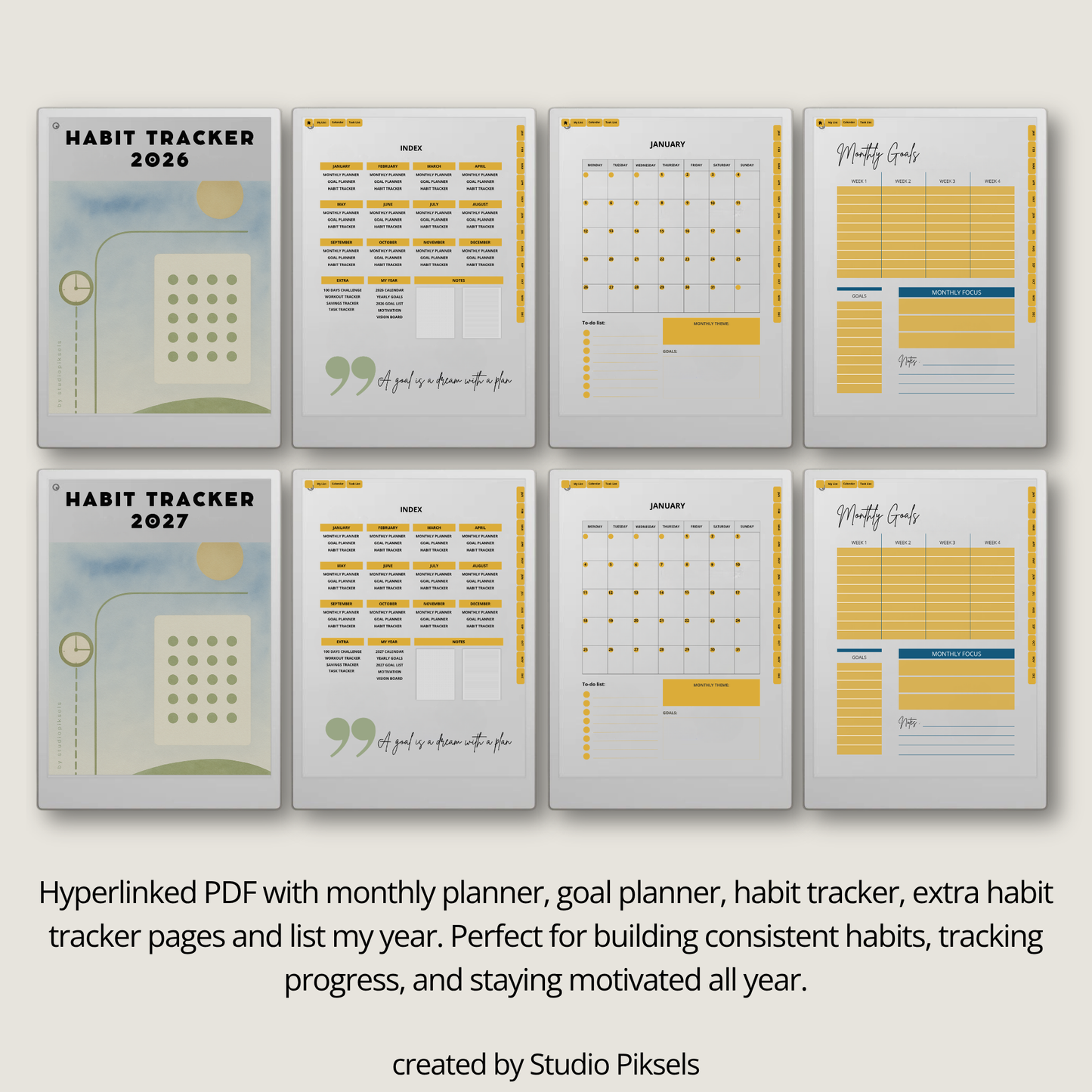 2026 + 2027 Habit Tracker for reMarkable Paper Pro with 56 hyperlinked pages for habits, goals, routines, tasks, and progress tracking.