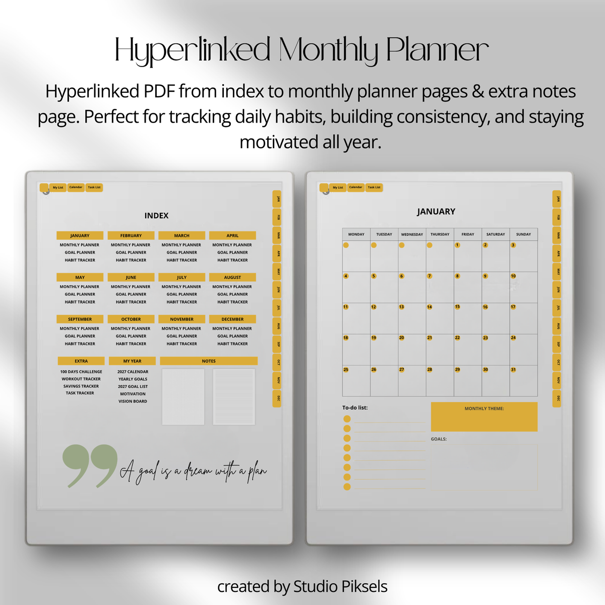 2026 + 2027 Habit Tracker for reMarkable Paper Pro with 56 hyperlinked pages for habits, goals, routines, tasks, and progress tracking.