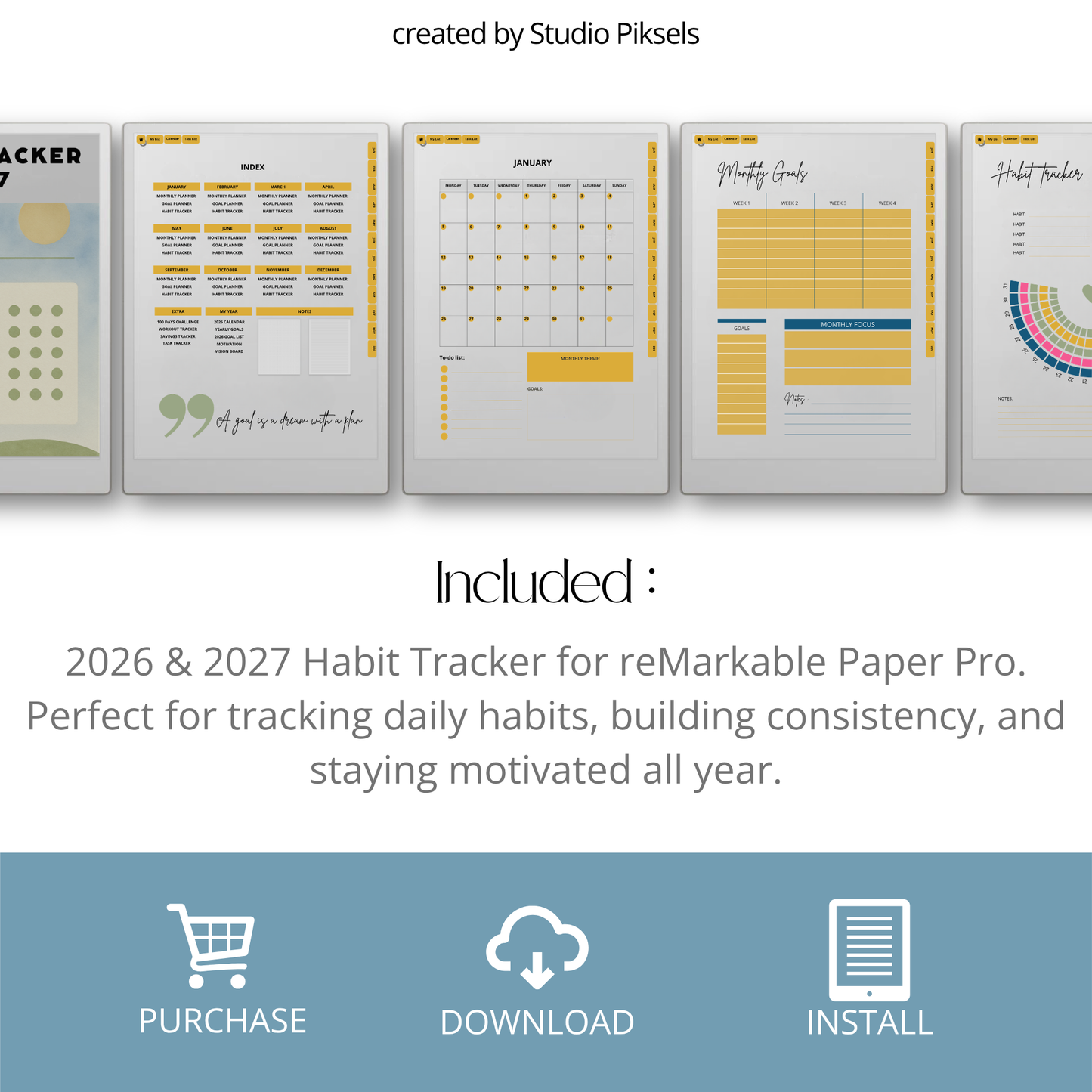 2026 + 2027 Habit Tracker for reMarkable Paper Pro with 56 hyperlinked pages for habits, goals, routines, tasks, and progress tracking.