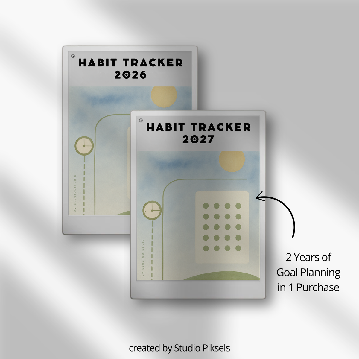 2026 + 2027 Habit Tracker for reMarkable Paper Pro with 56 hyperlinked pages for habits, goals, routines, tasks, and progress tracking.