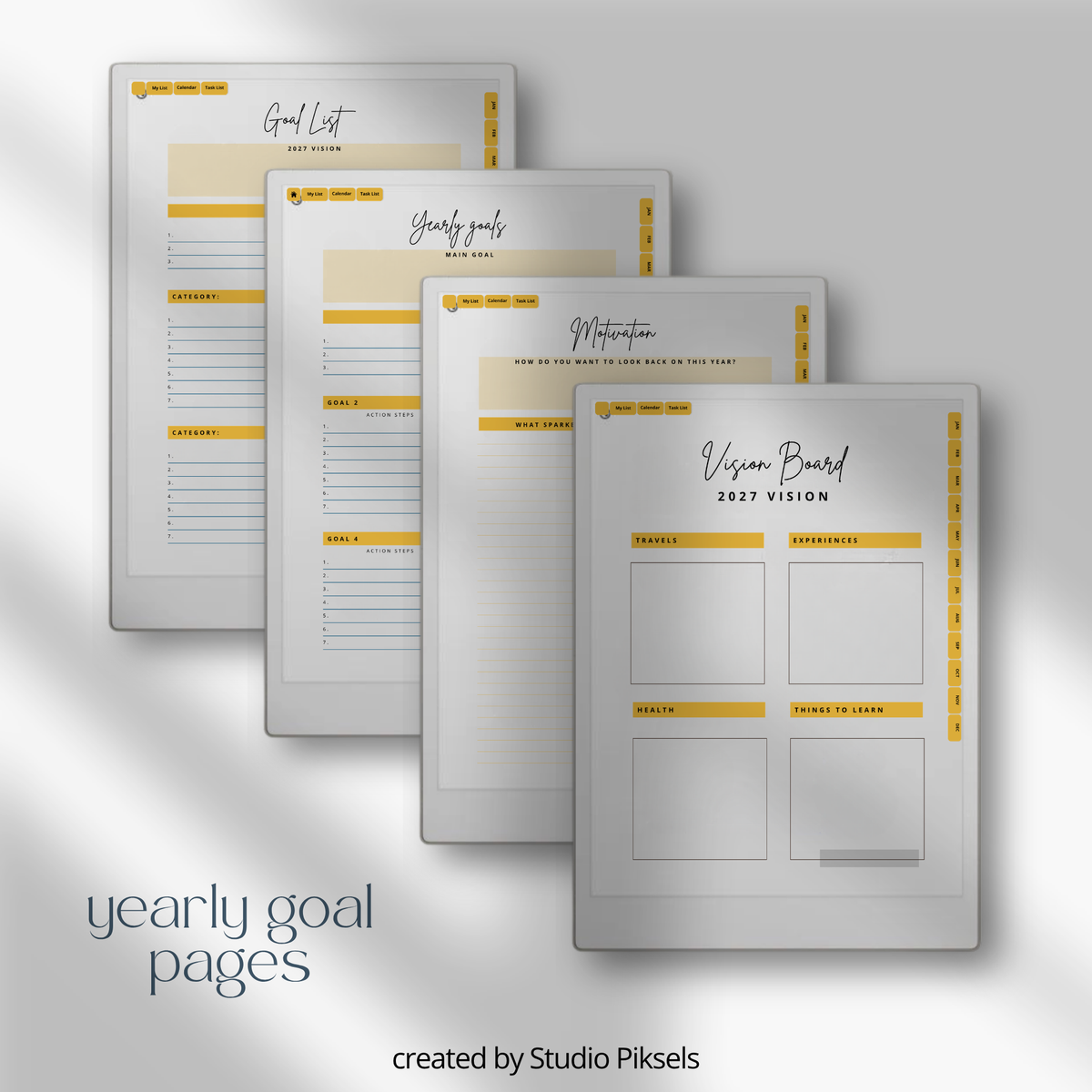 2026 + 2027 Habit Tracker for reMarkable Paper Pro with 56 hyperlinked pages for habits, goals, routines, tasks, and progress tracking.