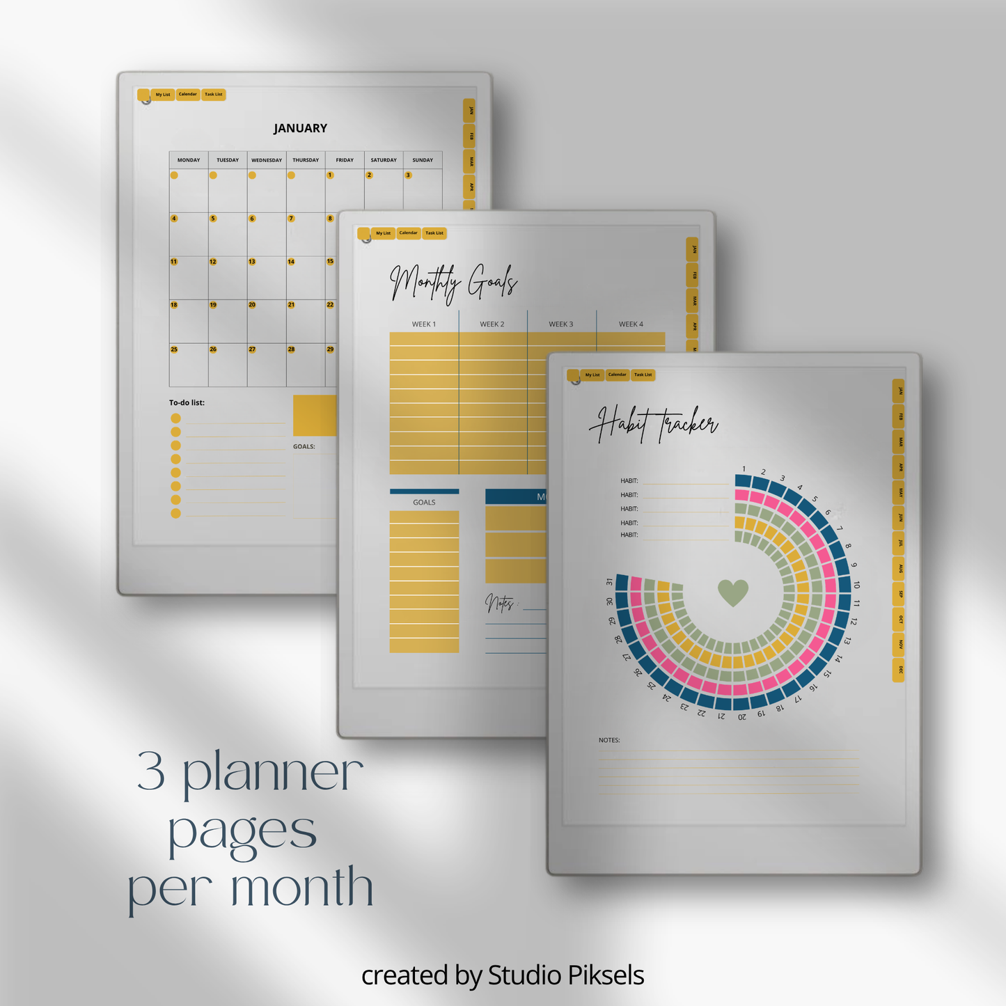 2026 + 2027 Habit Tracker for reMarkable Paper Pro with 56 hyperlinked pages for habits, goals, routines, tasks, and progress tracking.