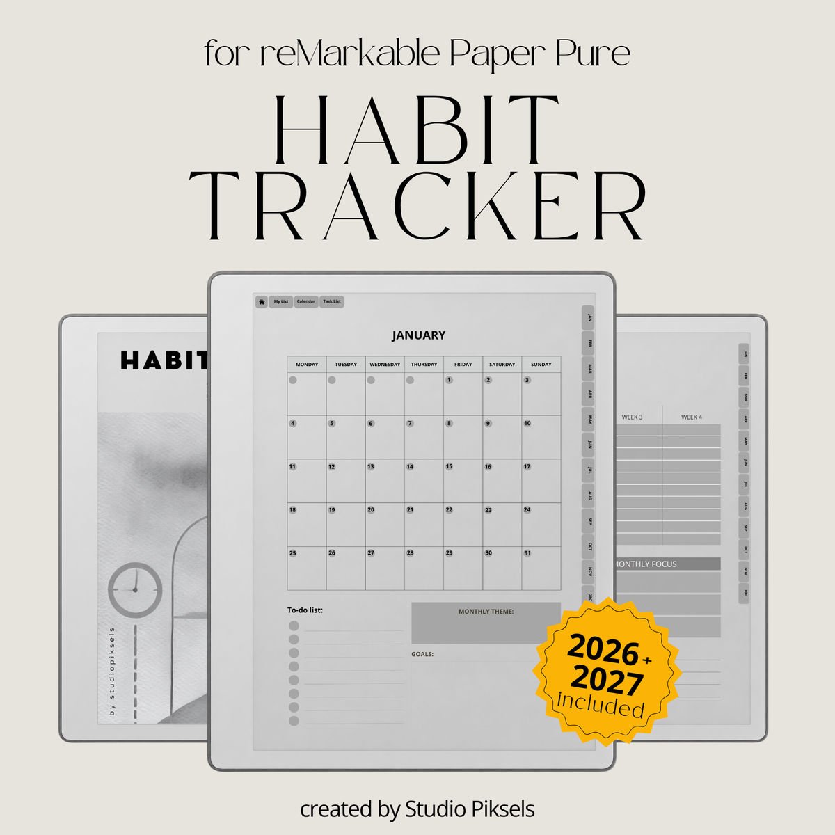 2026 + 2027 Habit Tracker for reMarkable Paper Pure & reMarkable 2 featuring hyperlinked habit tracking, goal planning, routines, tasks, and progress pages.