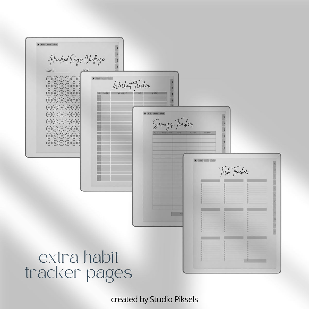 2026 + 2027 Habit Tracker for reMarkable Paper Pure & reMarkable 2 featuring hyperlinked habit tracking, goal planning, routines, tasks, and progress pages.