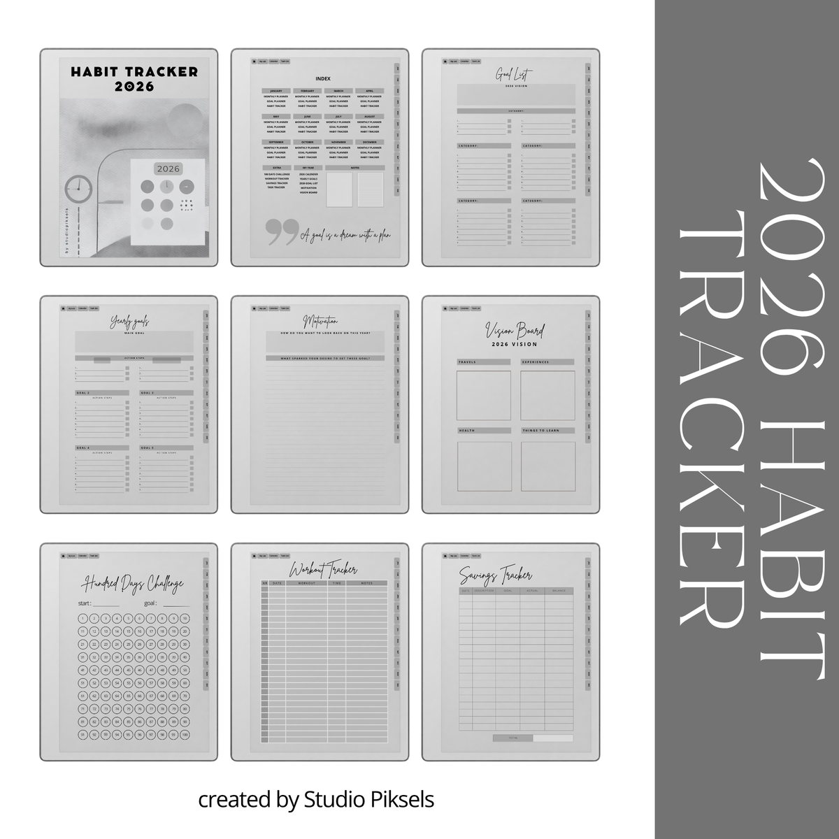 2026 + 2027 Habit Tracker for reMarkable Paper Pure & reMarkable 2 featuring hyperlinked habit tracking, goal planning, routines, tasks, and progress pages.