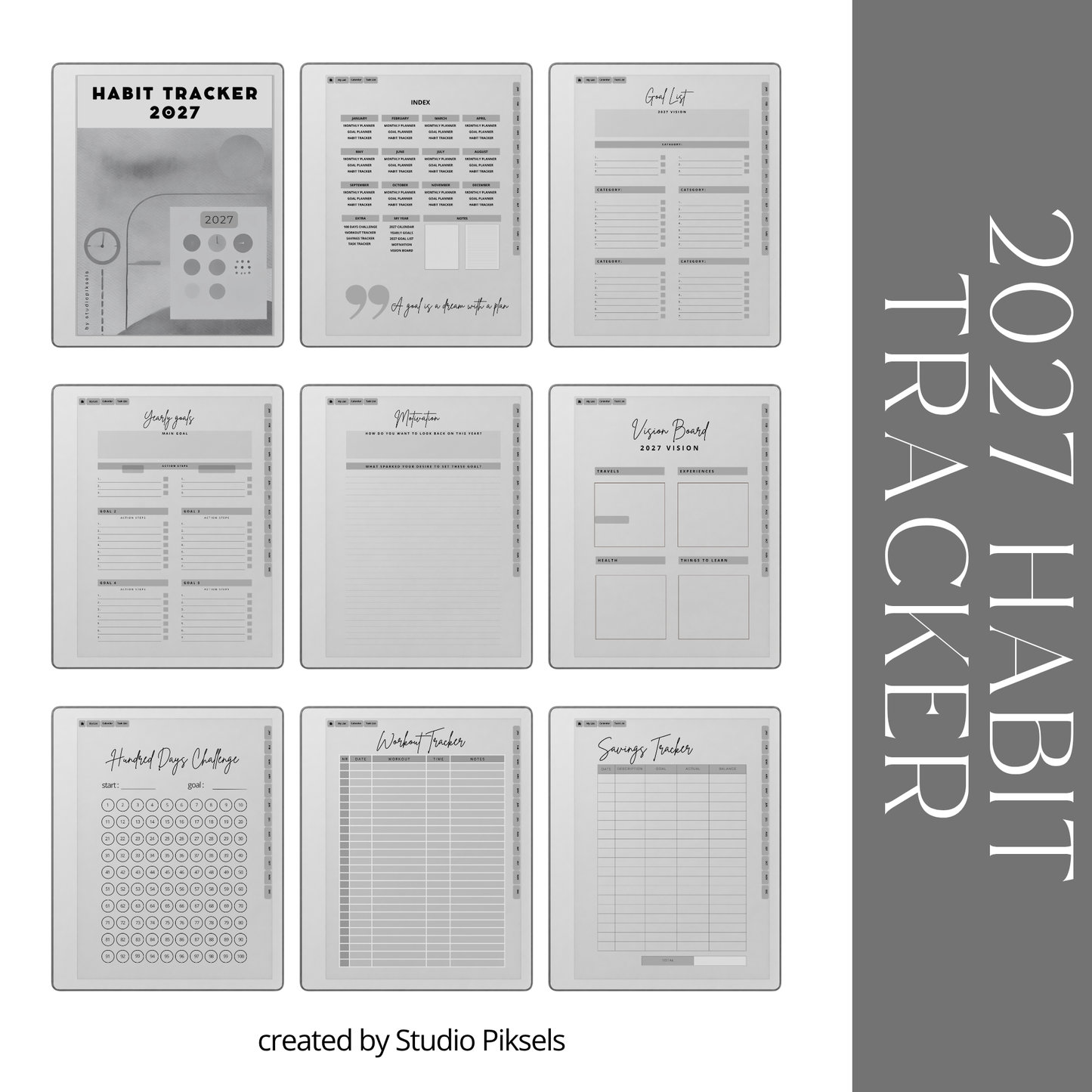 2026 + 2027 Habit Tracker for reMarkable Paper Pure & reMarkable 2 featuring hyperlinked habit tracking, goal planning, routines, tasks, and progress pages.