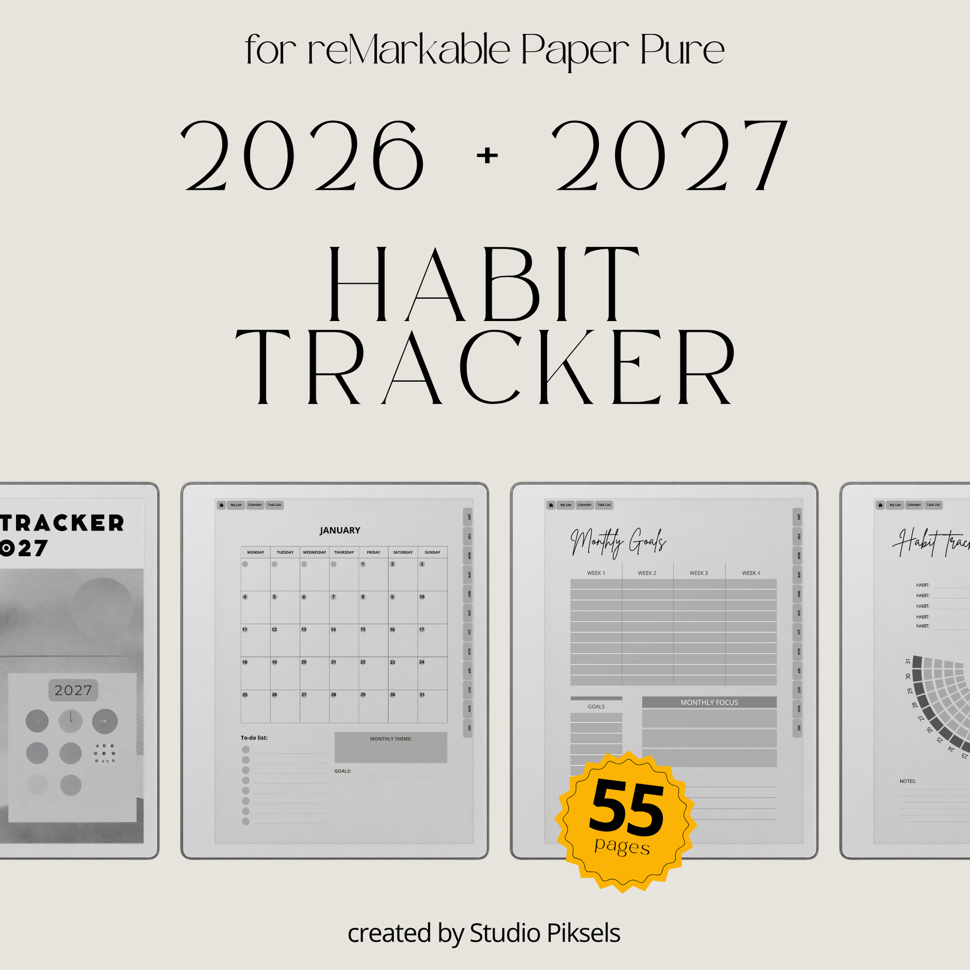2026 + 2027 Habit Tracker for reMarkable Paper Pure & reMarkable 2 featuring hyperlinked habit tracking, goal planning, routines, tasks, and progress pages.