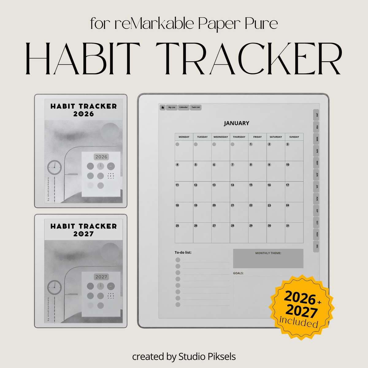 2026 + 2027 Habit Tracker for reMarkable Paper Pure & reMarkable 2 featuring hyperlinked habit tracking, goal planning, routines, tasks, and progress pages.