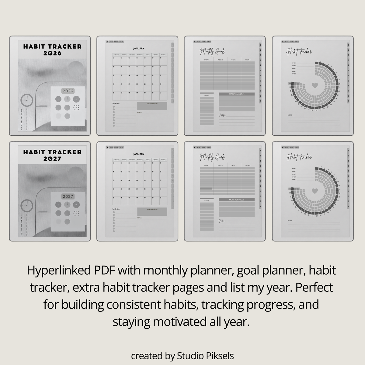 2026 + 2027 Habit Tracker for reMarkable Paper Pure & reMarkable 2 featuring hyperlinked habit tracking, goal planning, routines, tasks, and progress pages.