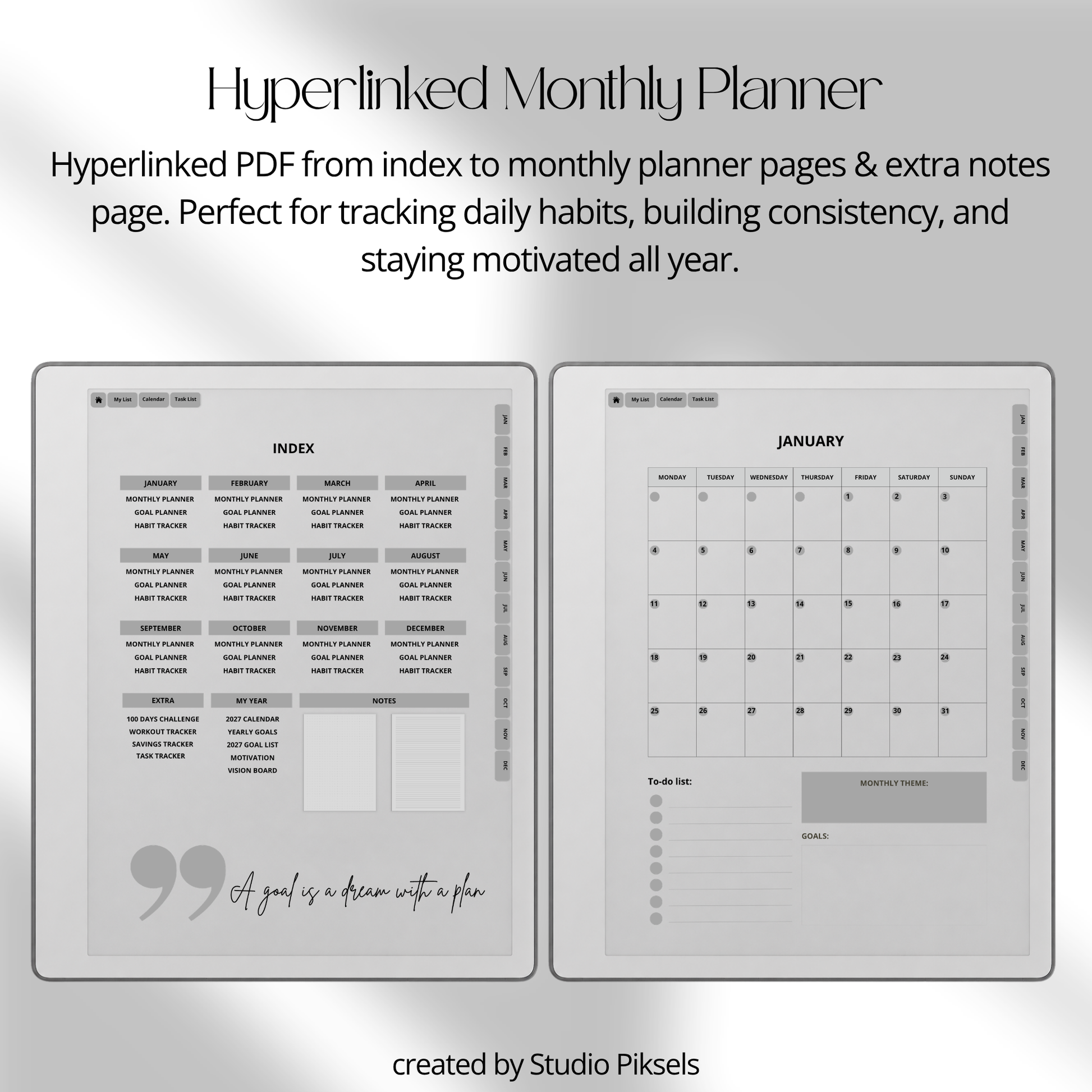 2026 + 2027 Habit Tracker for reMarkable Paper Pure & reMarkable 2 featuring hyperlinked habit tracking, goal planning, routines, tasks, and progress pages.