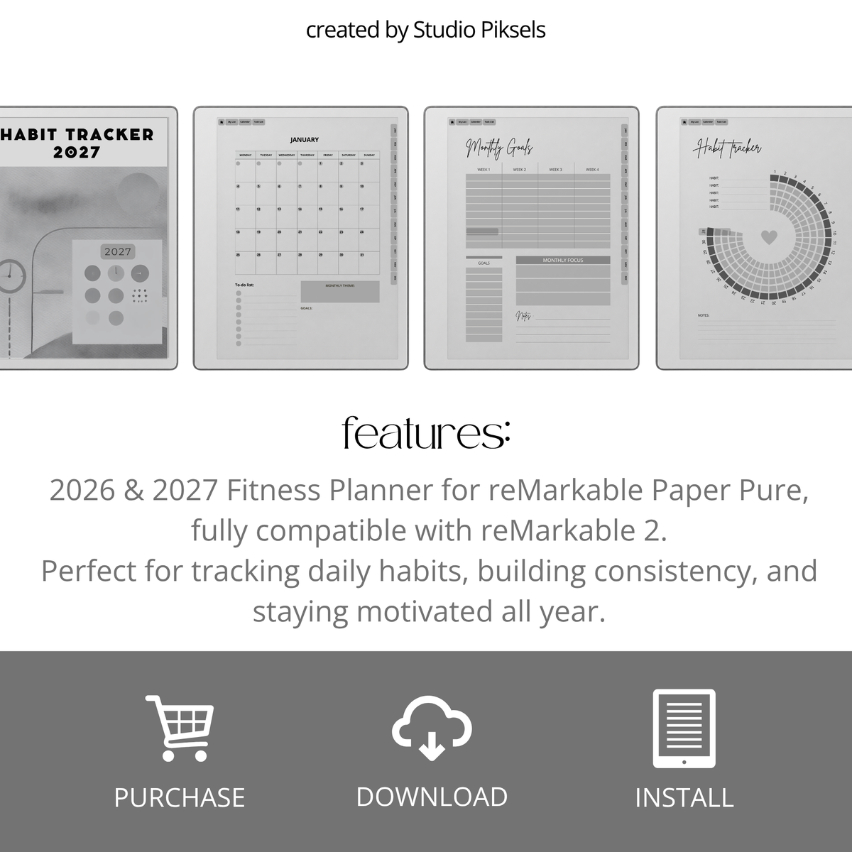 2026 + 2027 Habit Tracker for reMarkable Paper Pure & reMarkable 2 featuring hyperlinked habit tracking, goal planning, routines, tasks, and progress pages.