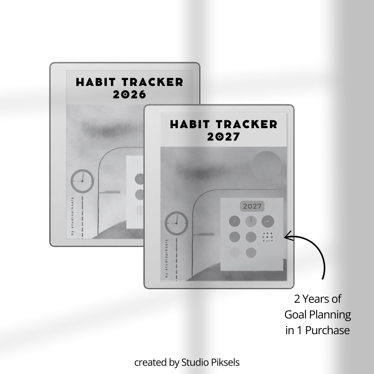 2026 + 2027 Habit Tracker for reMarkable Paper Pure & reMarkable 2 featuring hyperlinked habit tracking, goal planning, routines, tasks, and progress pages.