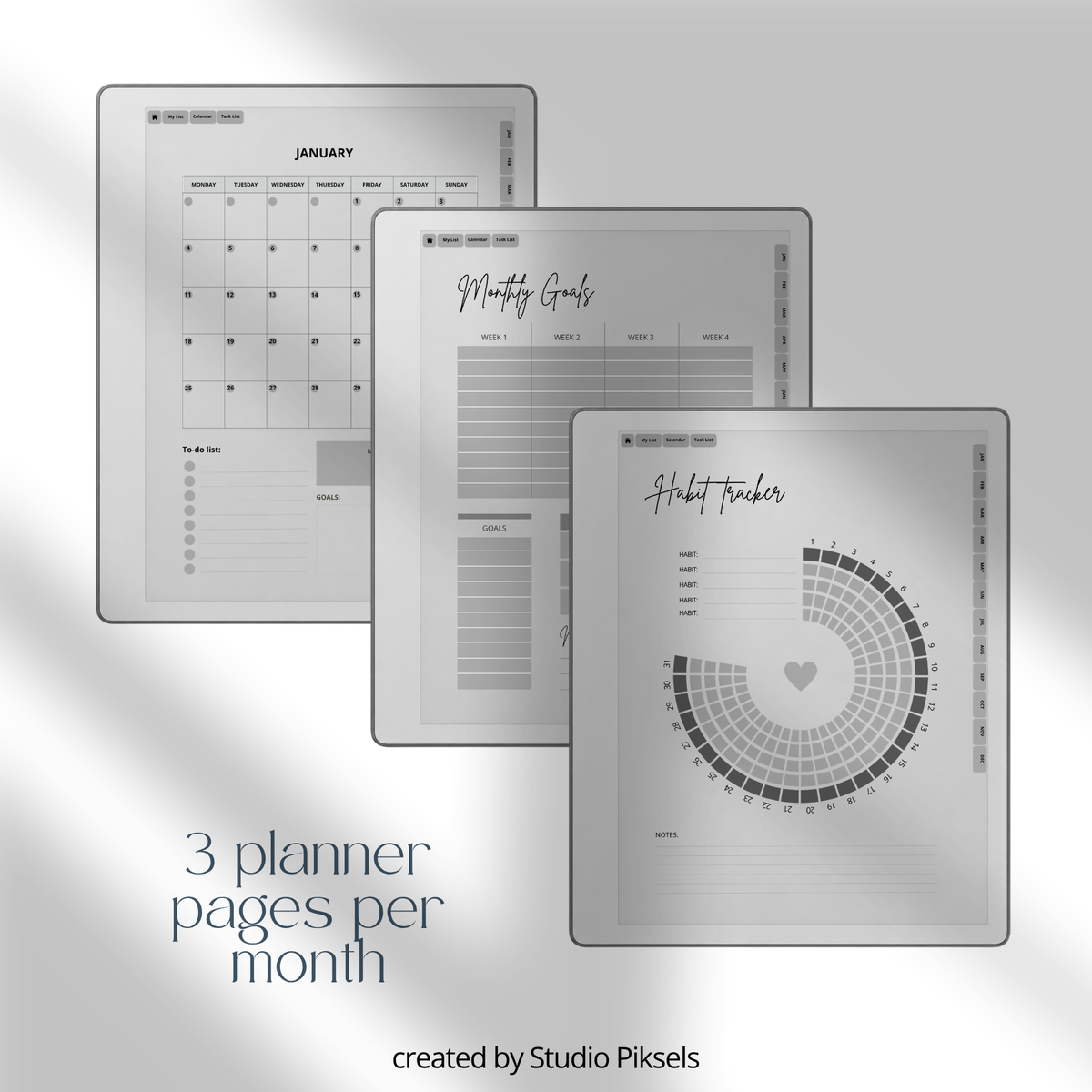 2026 + 2027 Habit Tracker for reMarkable Paper Pure & reMarkable 2 featuring hyperlinked habit tracking, goal planning, routines, tasks, and progress pages.