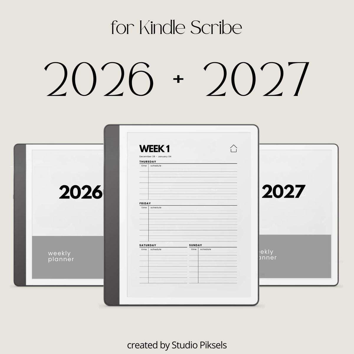 2-Year Hyperlinked Weekly Planner Bundle for Kindle Scribe with 2026 and 2027 weekly spreads, linked indexes, and digital planning layouts.