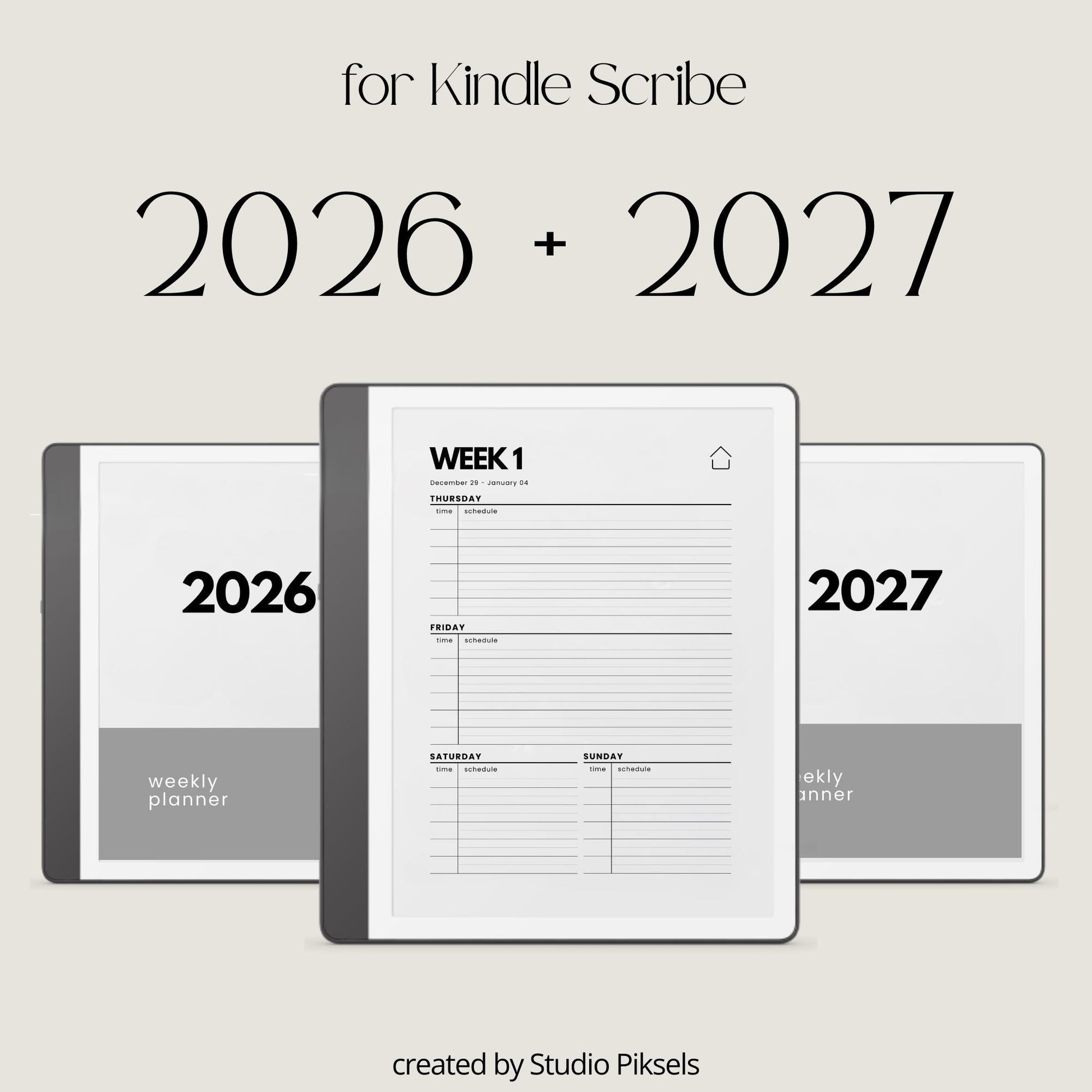 2-Year Hyperlinked Weekly Planner Bundle for Kindle Scribe with 2026 and 2027 weekly spreads, linked indexes, and digital planning layouts.