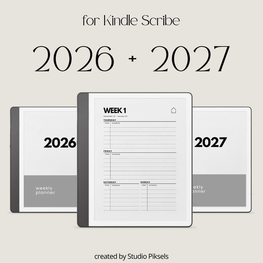 2-Year Hyperlinked Weekly Planner Bundle for Kindle Scribe with 2026 and 2027 weekly spreads, linked indexes, and digital planning layouts.