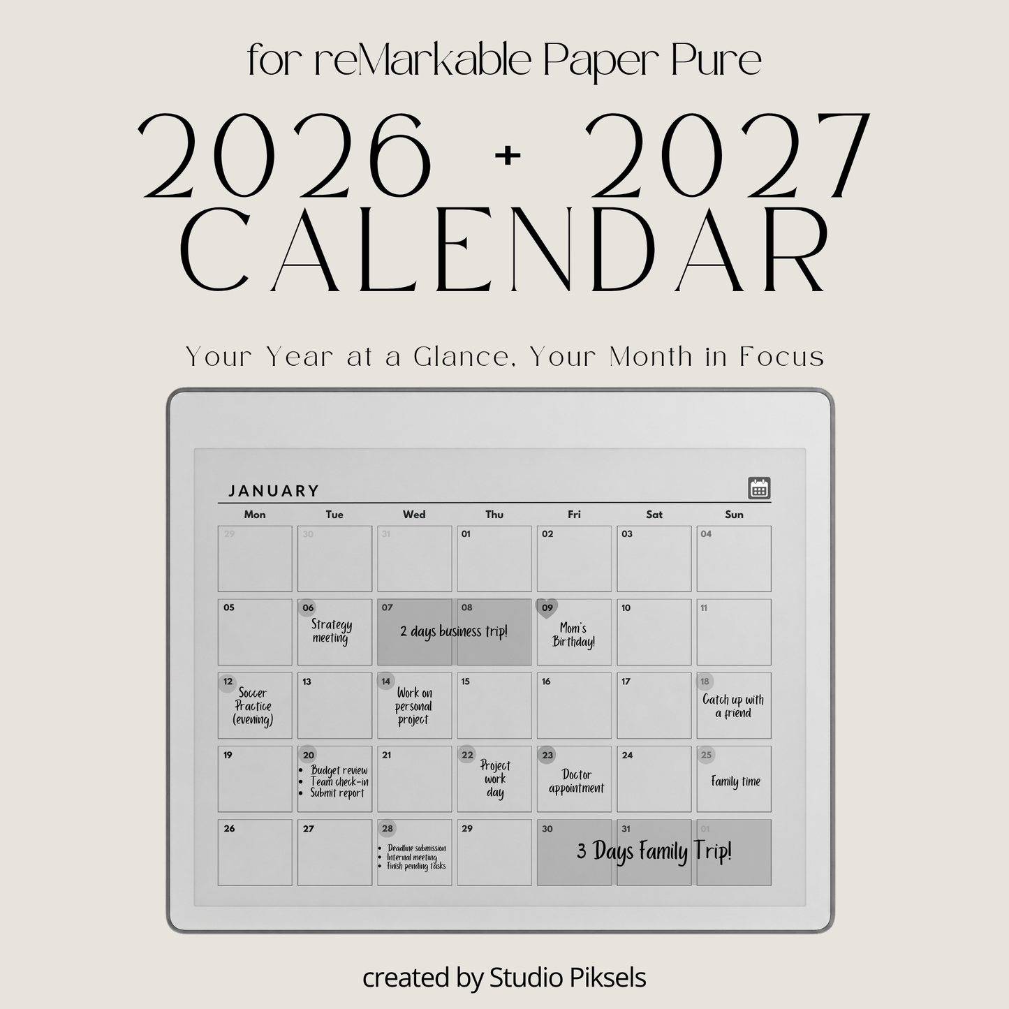 2026 and 2027 landscape monthly planner PDF for reMarkable 2 and Paper Pure with minimalist grayscale monthly calendar pages